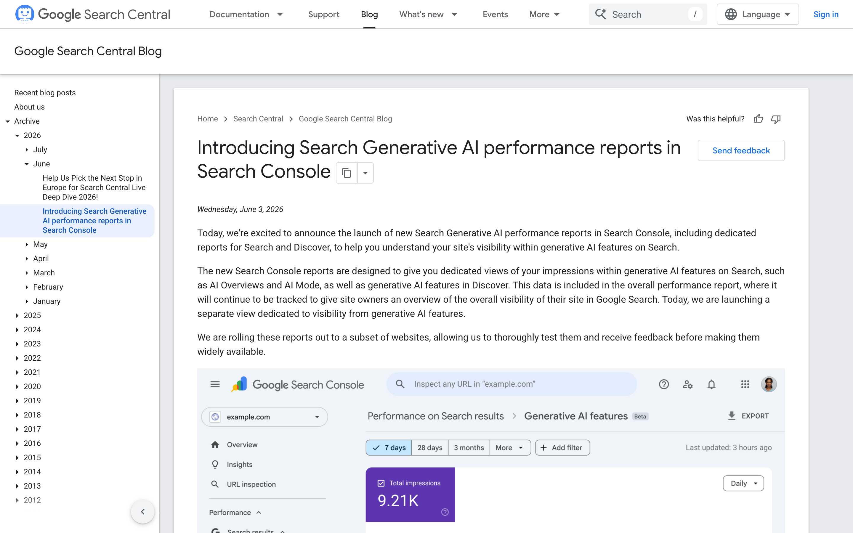 Google Search Central blog post introducing the Search Console generative AI performance report