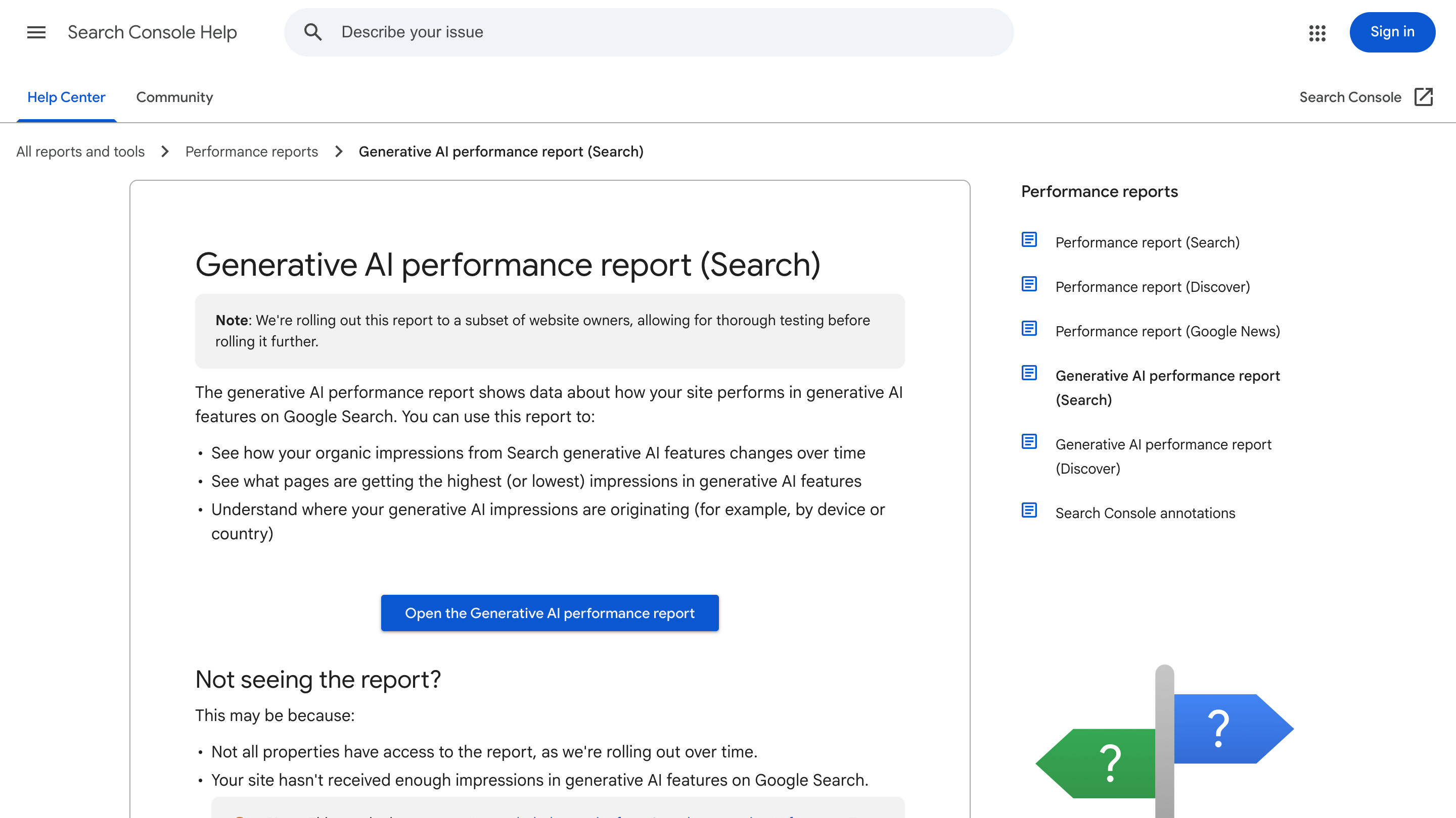 Google's Search Console Help page for the generative AI performance report, listing impressions, pages, countries, and devices