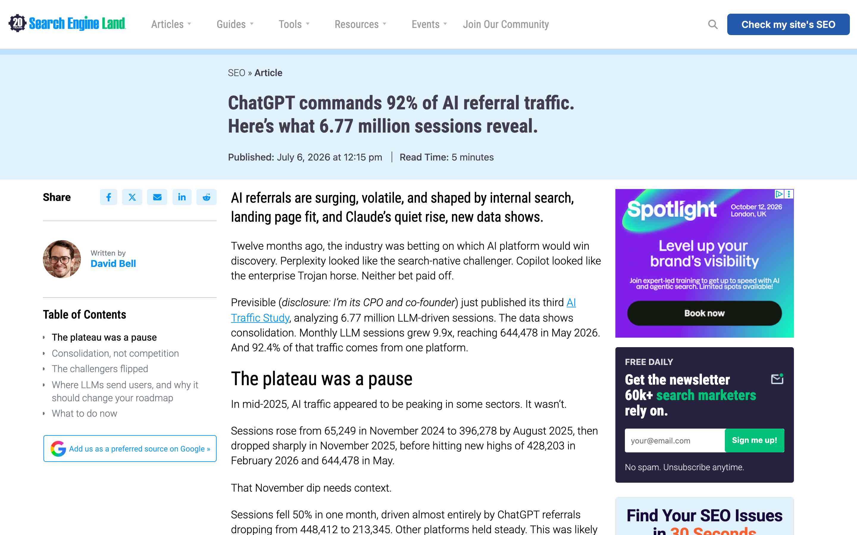 Search Engine Land's coverage of the Previsible ChatGPT referral traffic study