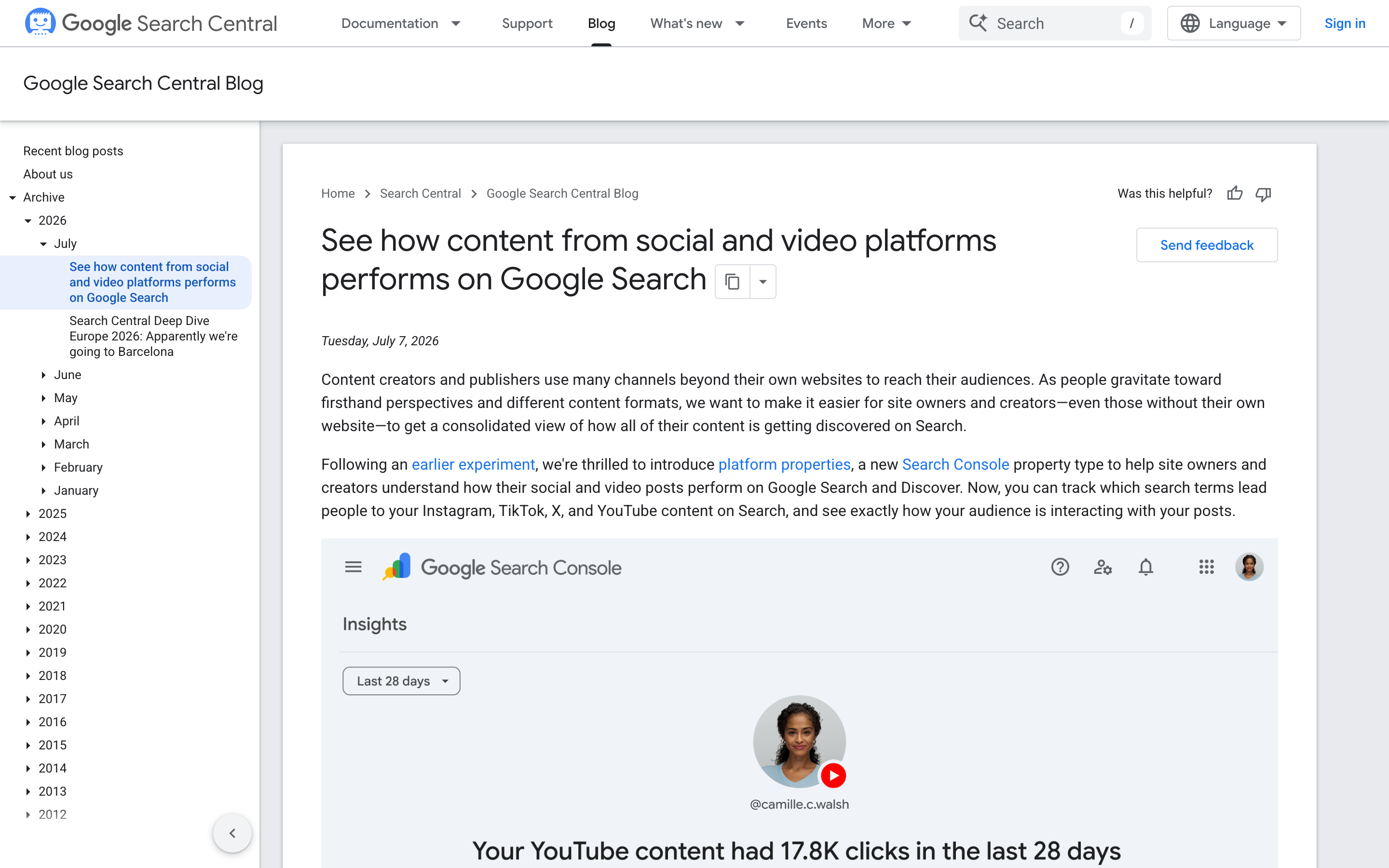 Google Search Central blog post announcing platform properties for social and video content