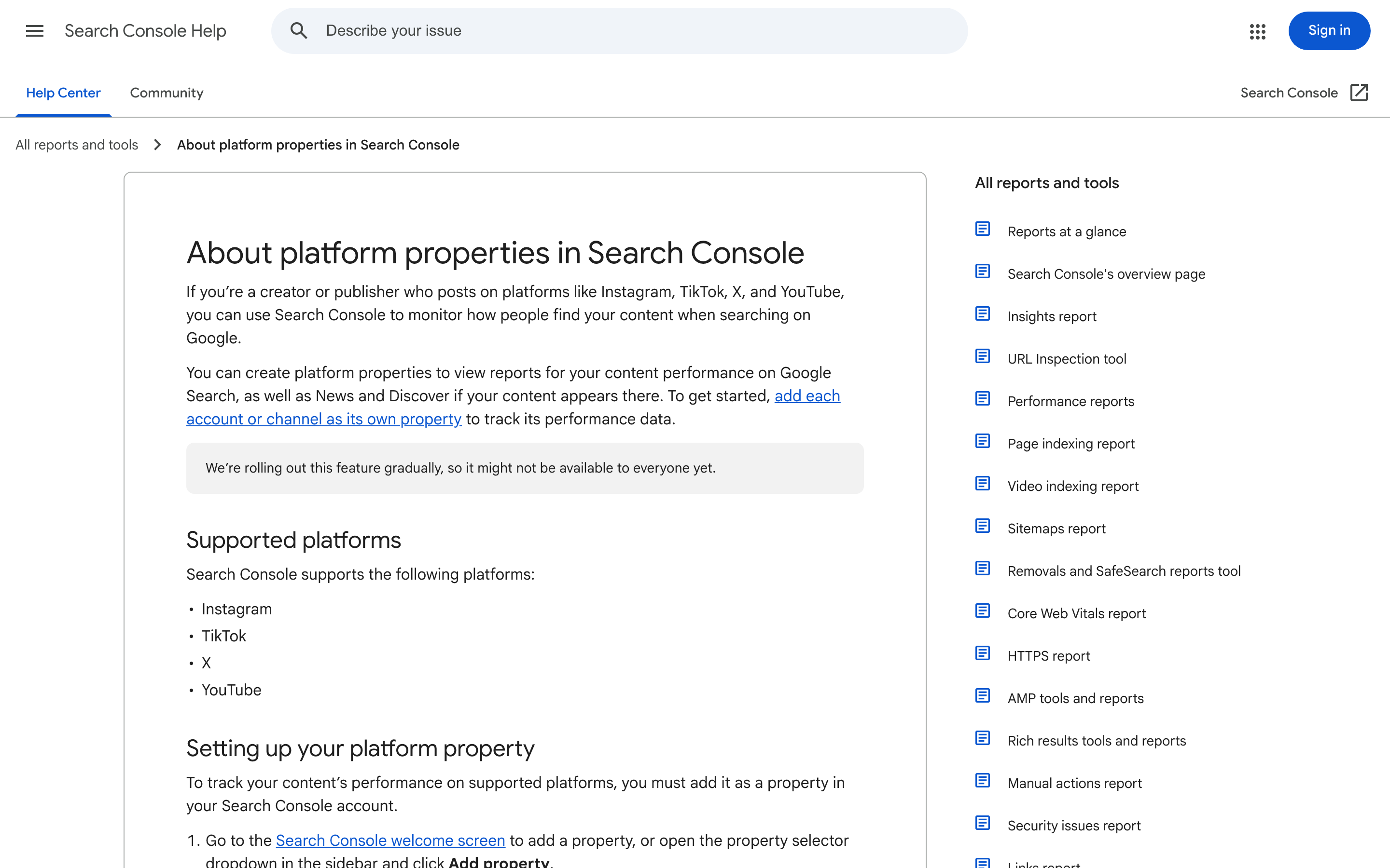 Search Console help documentation page explaining platform properties setup and reporting