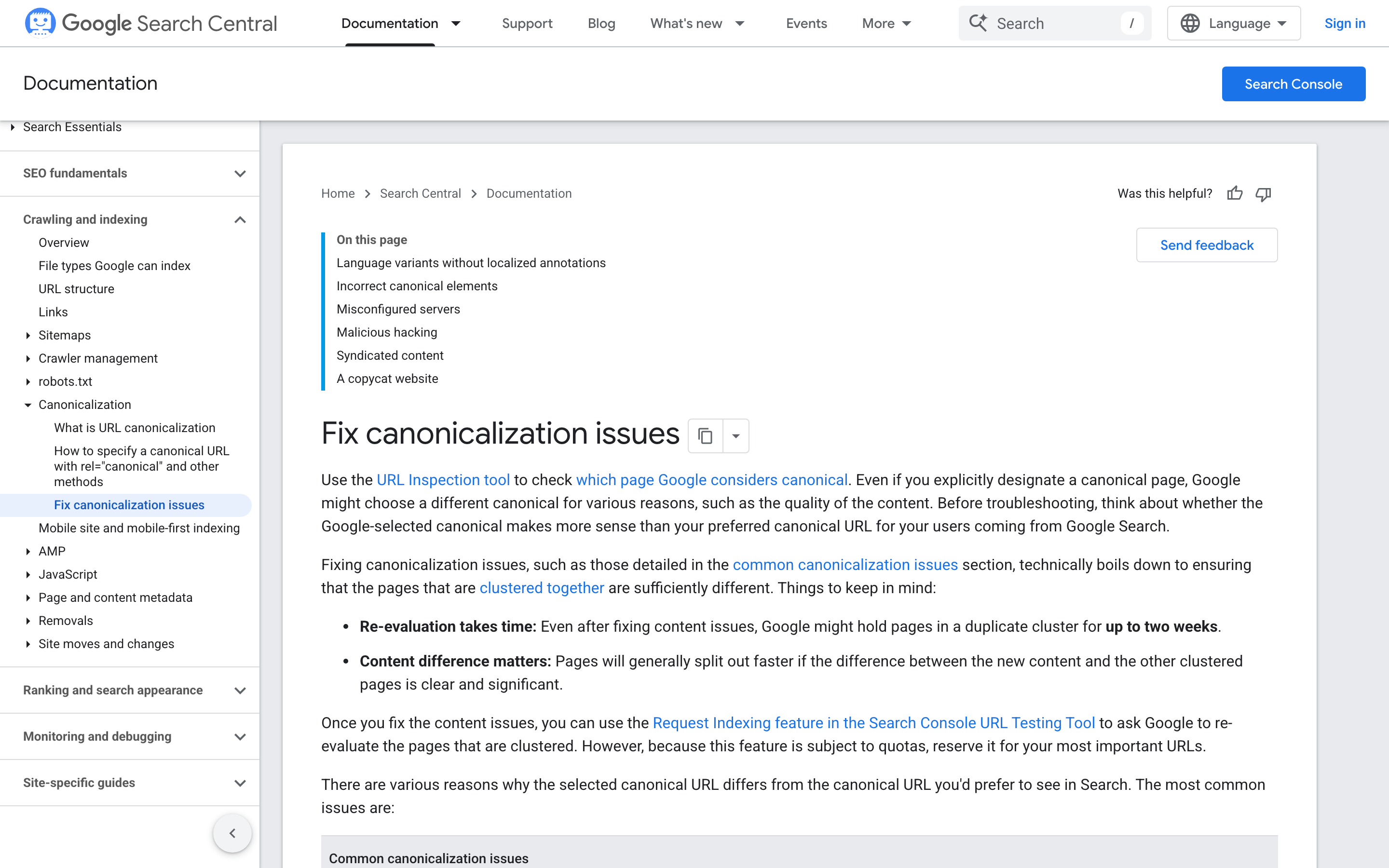 Google Search Central canonicalization troubleshooting guide, July 2026