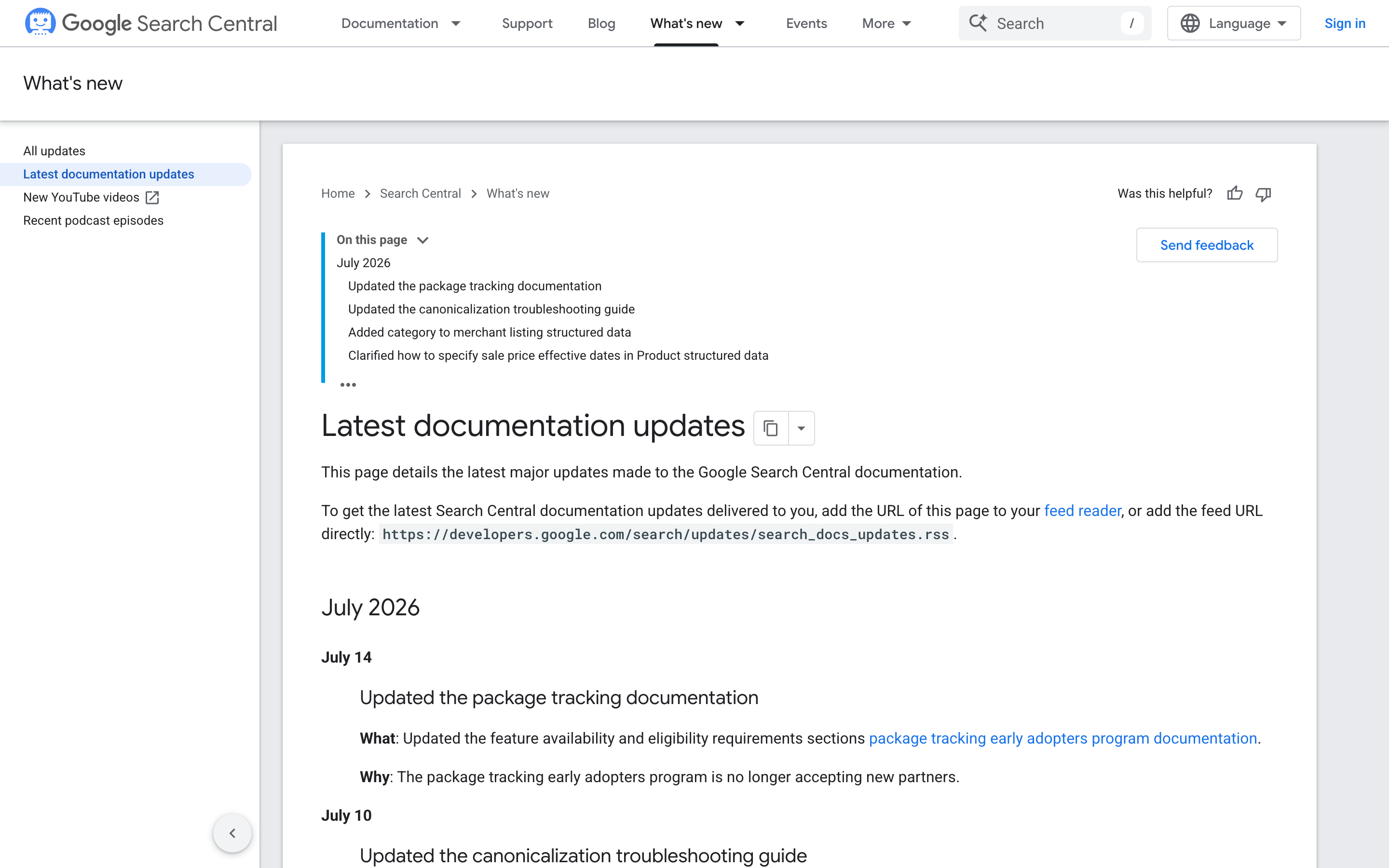 Google Search documentation updates changelog showing the 10 July 2026 canonicalization entry
