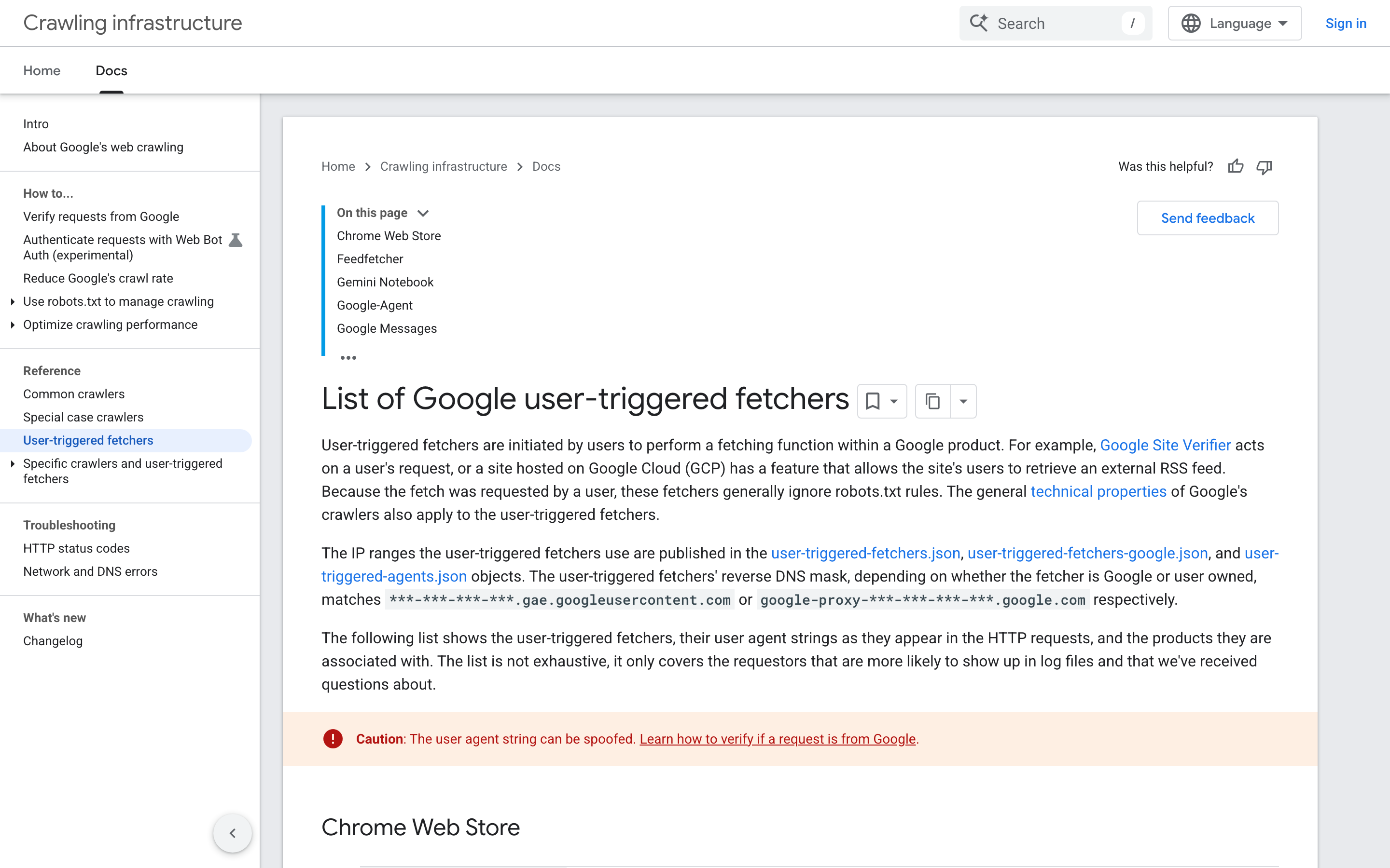 Google Search Central documentation page listing user-triggered fetchers and their user agent tokens