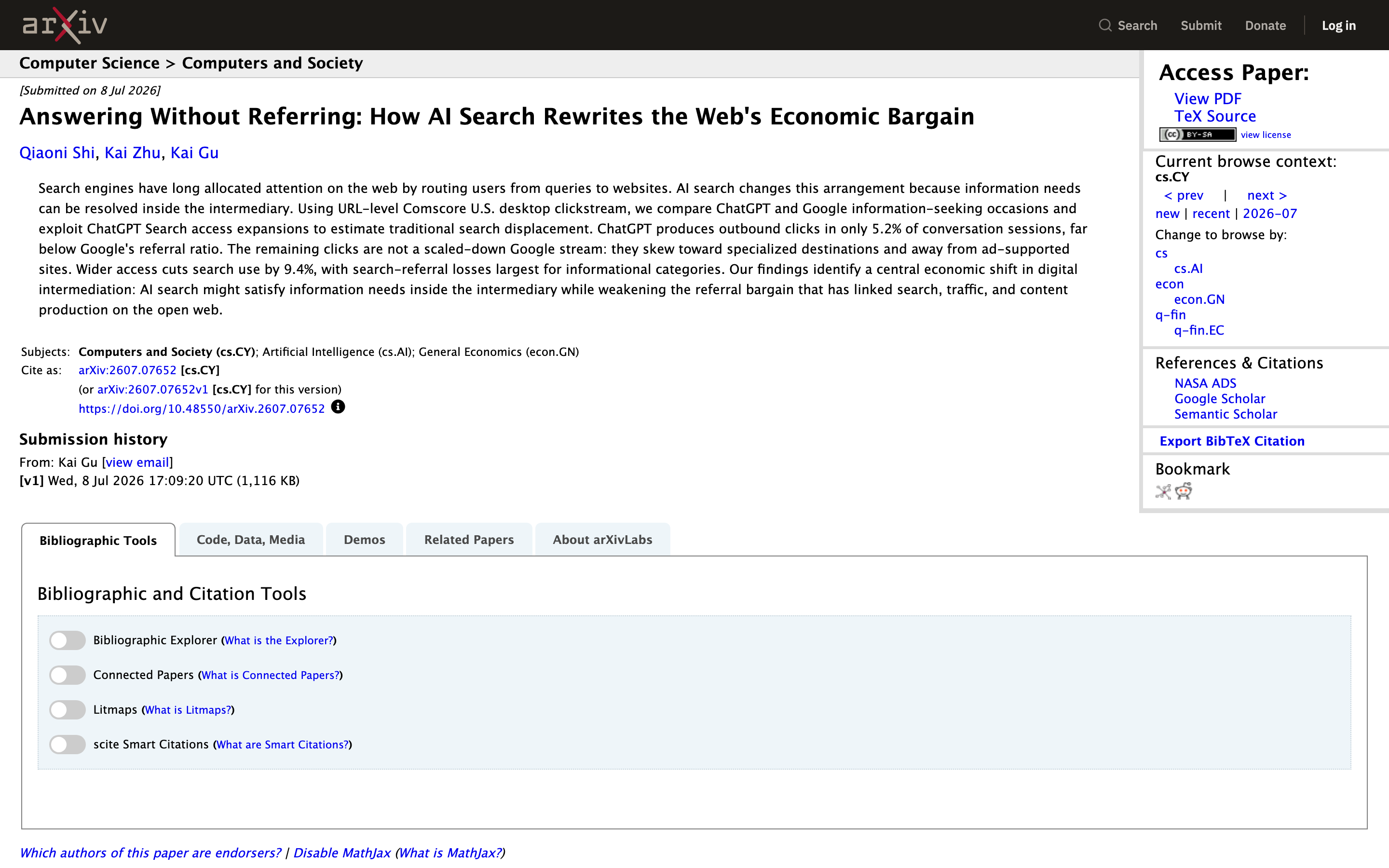 arXiv listing for the Bocconi paper Answering Without Referring, showing the abstract and its referral figures