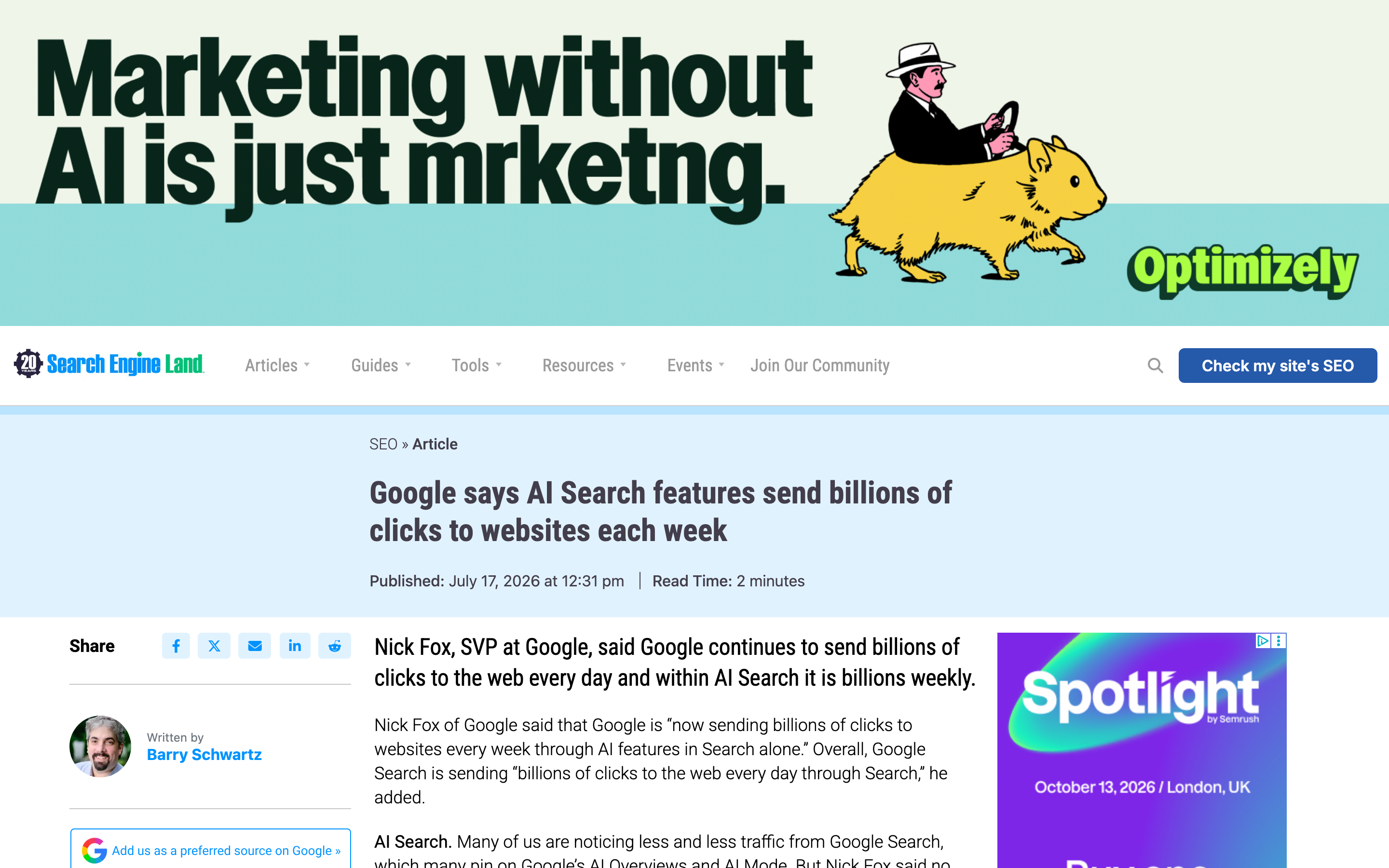 Search Engine Land article reporting Google's claim that AI search features send billions of clicks to websites each week