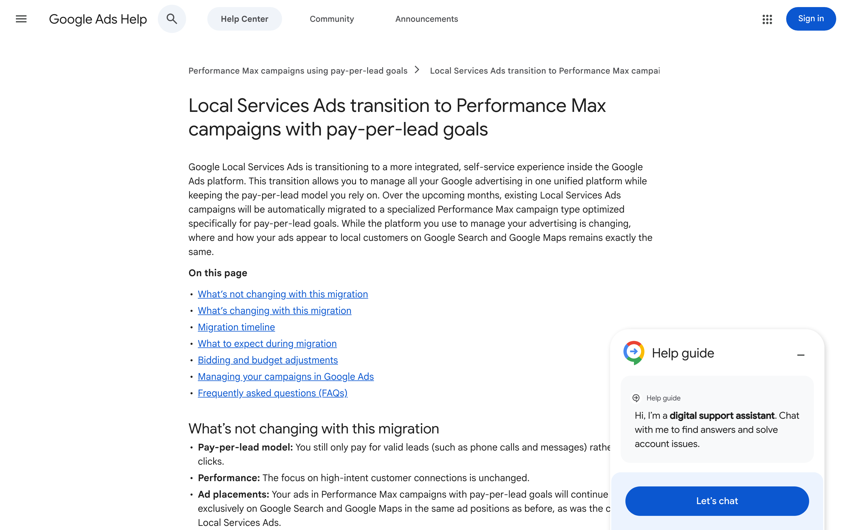 Google Ads help page describing the Local Services Ads migration to Performance Max pay-per-lead campaigns
