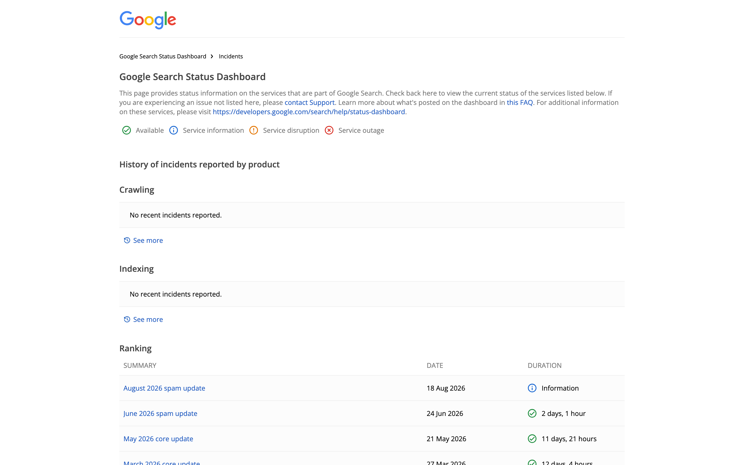 Google Search Status Dashboard listing the August 2026 spam update dated 18 Aug 2026 with status Information, above the June 2026 spam update and the May 2026 core update with their durations