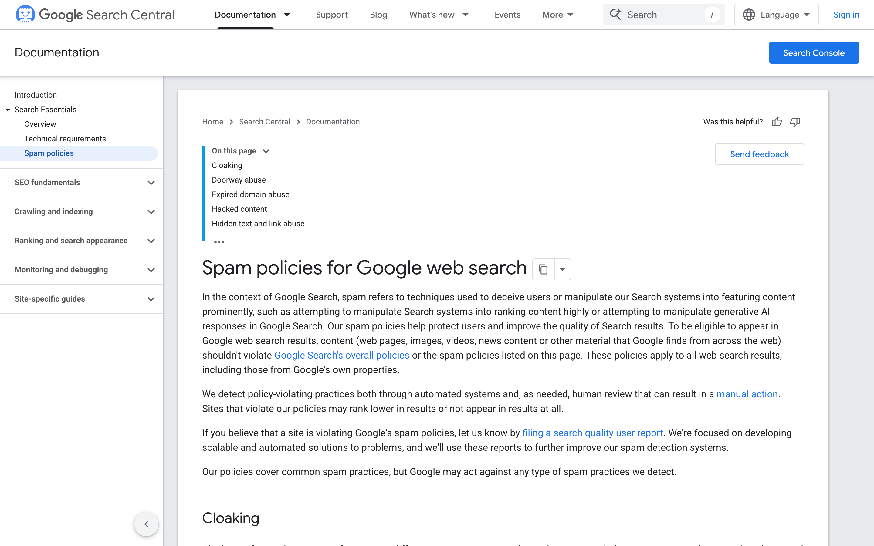 Google Search Central documentation page titled Spam policies for Google web search, with the full policy list in the page sidebar