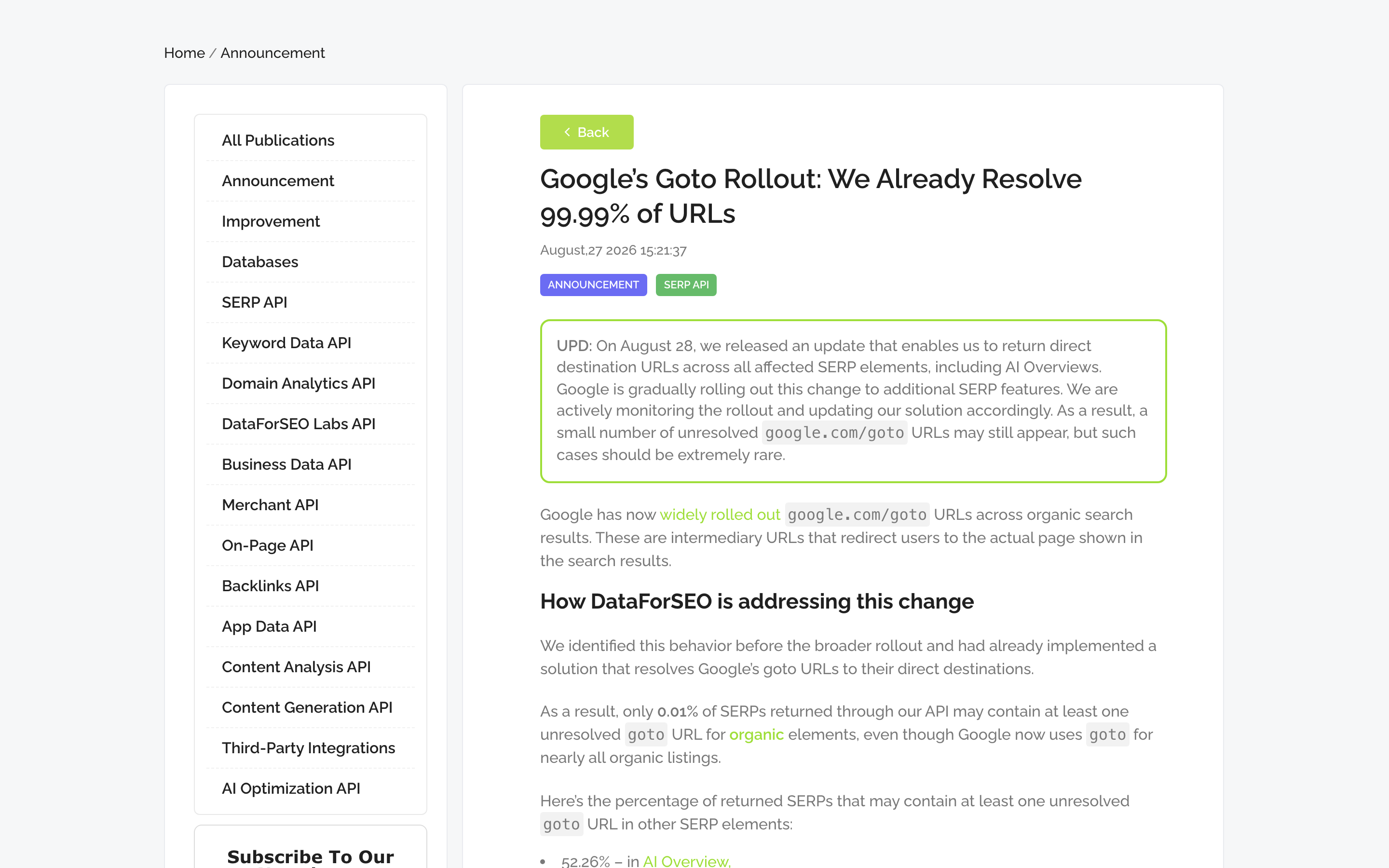 DataForSEO announcement dated 27 August 2026 stating it resolves 99.99% of goto URLs, with an update note added on 28 August covering all affected SERP elements