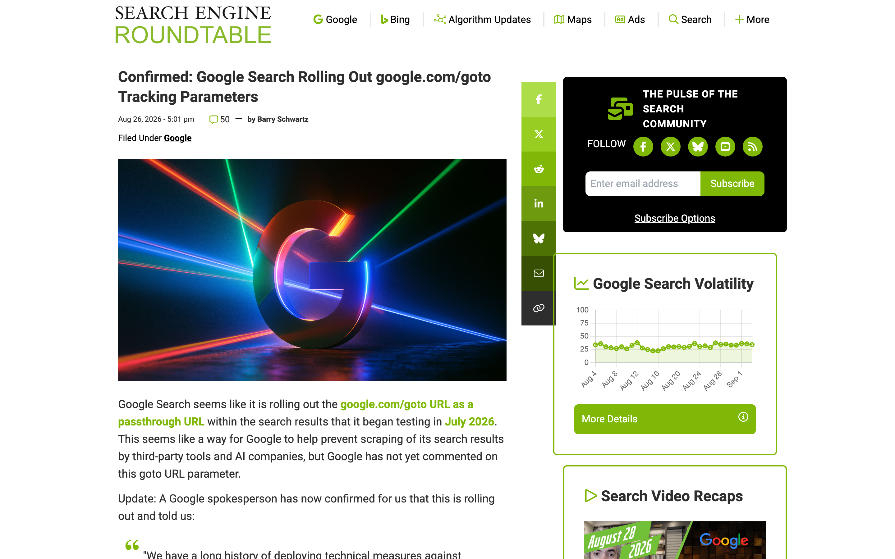 Search Engine Roundtable article dated 26 August 2026 confirming Google is rolling out google.com/goto passthrough URLs in search results
