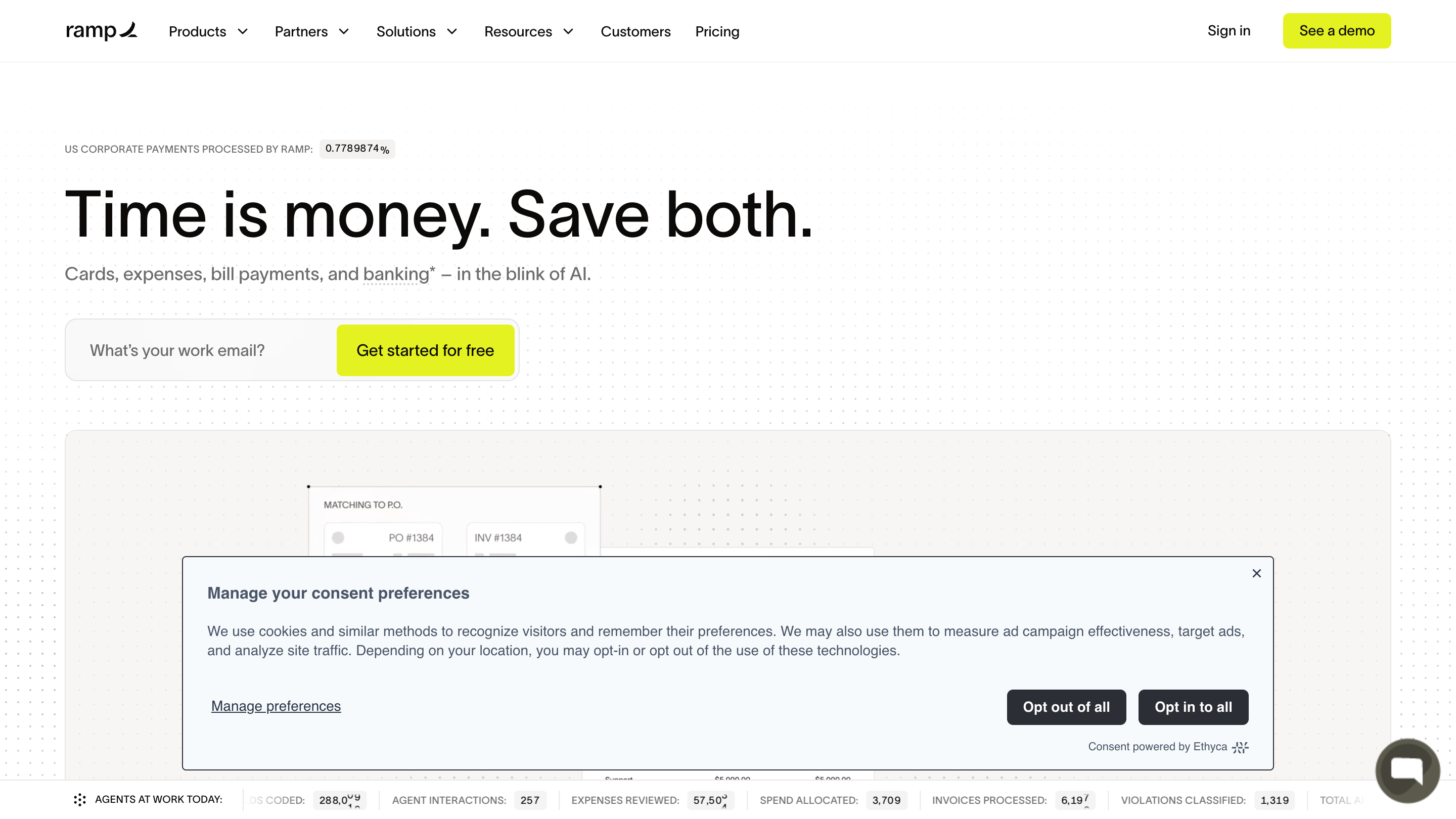 Ramp's homepage showing a free-first hero and a strip of customer logos