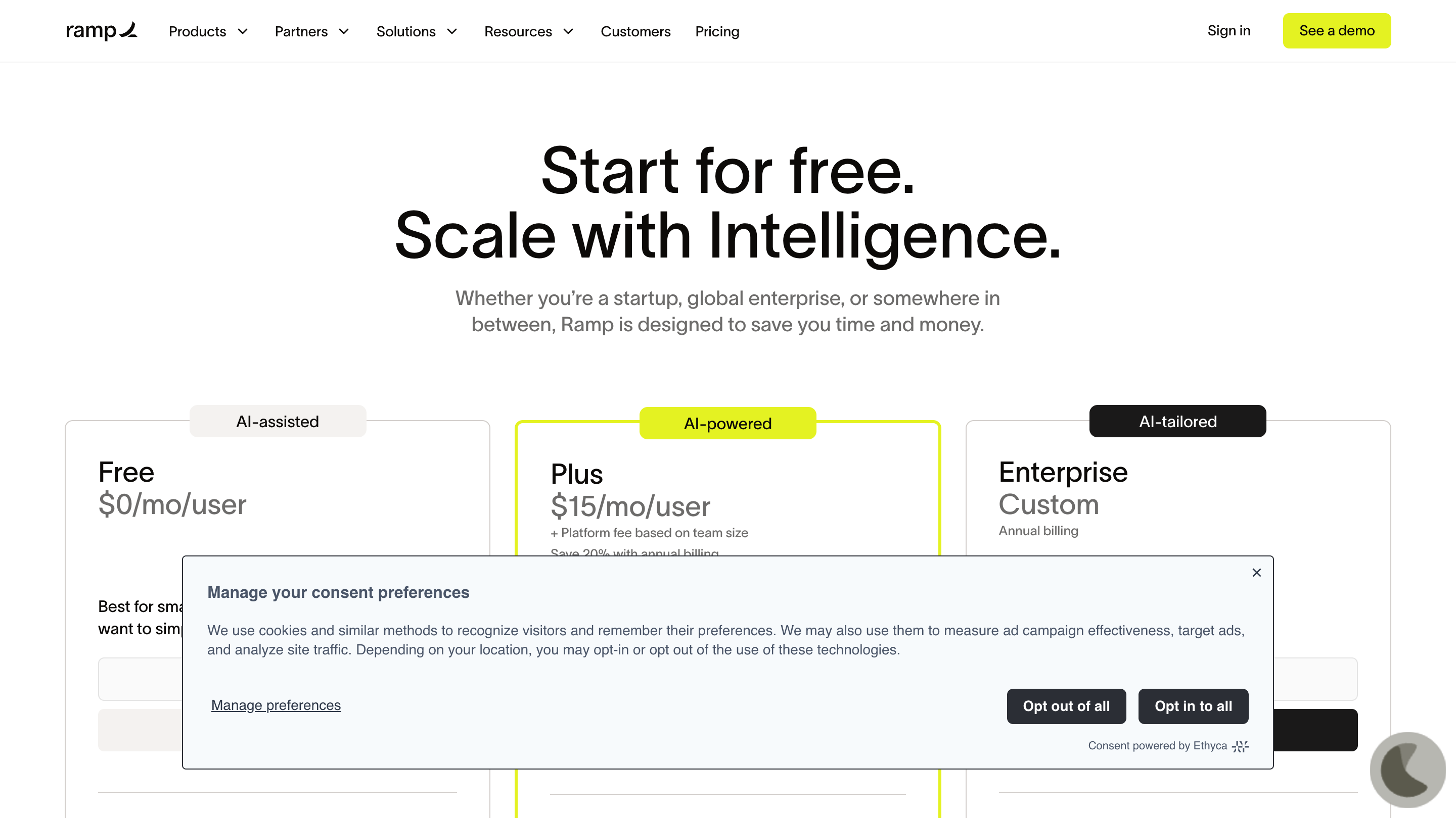 Ramp's pricing page showing a free plan at zero dollars next to Plus and Enterprise tiers