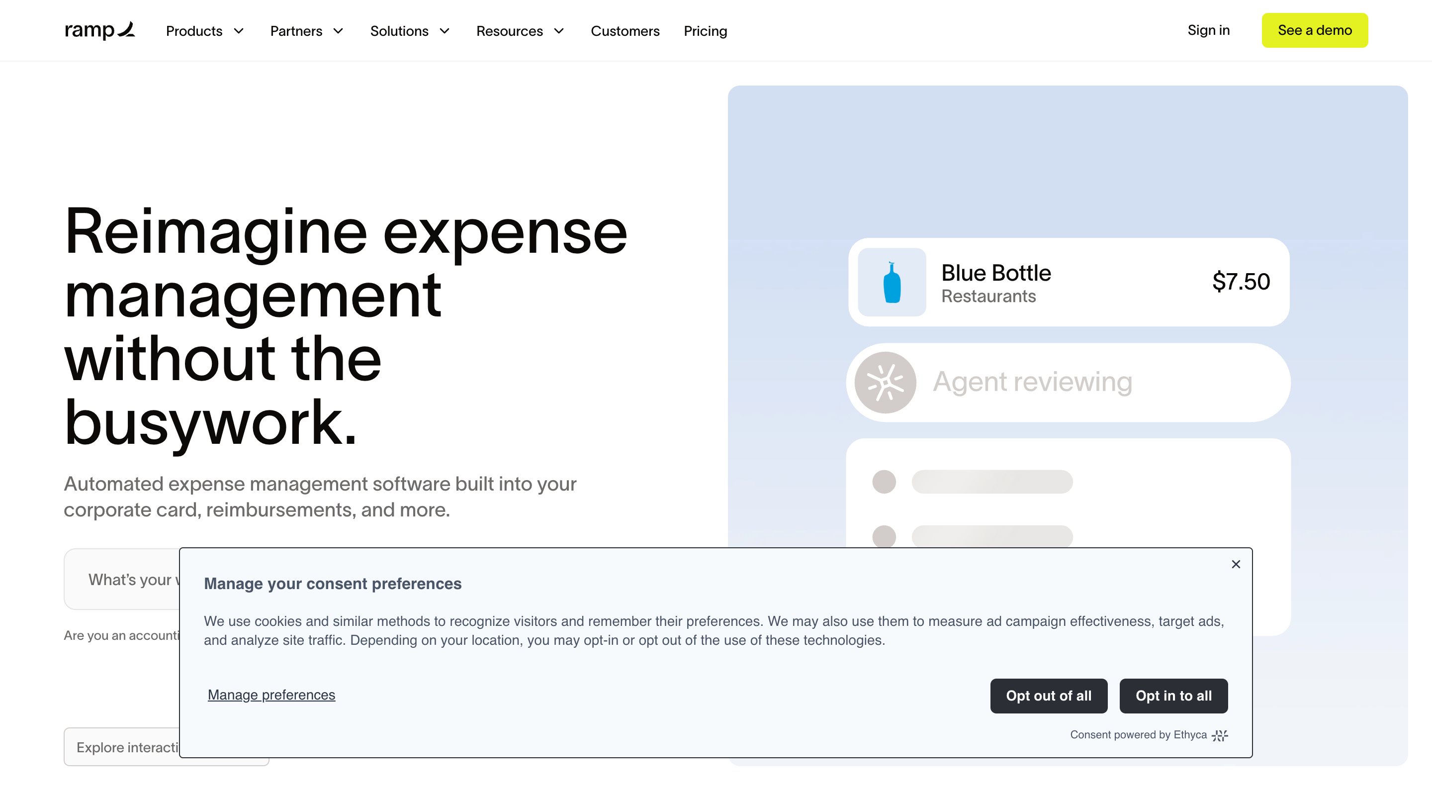 Ramp's expense management page with an outcome-led headline and a get started for free button