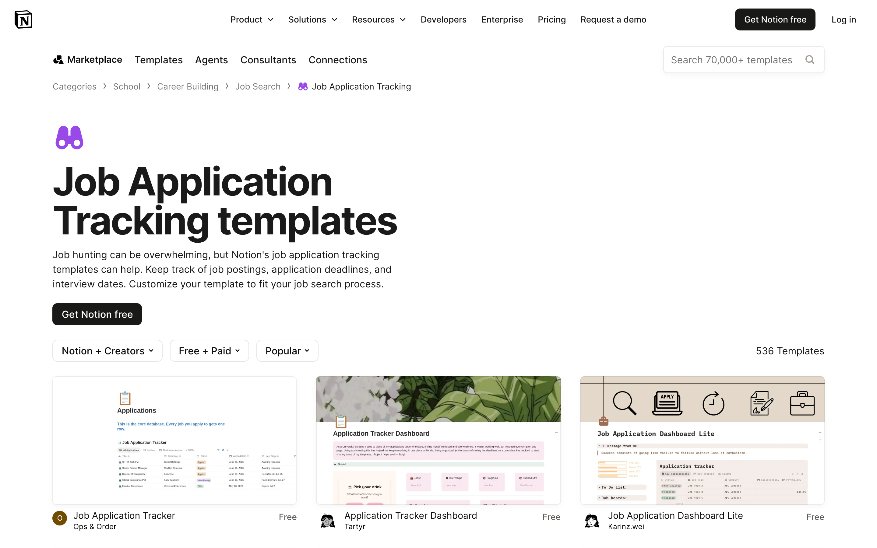 Notion's job application tracking category page, listing dozens of user-built templates for one search query
