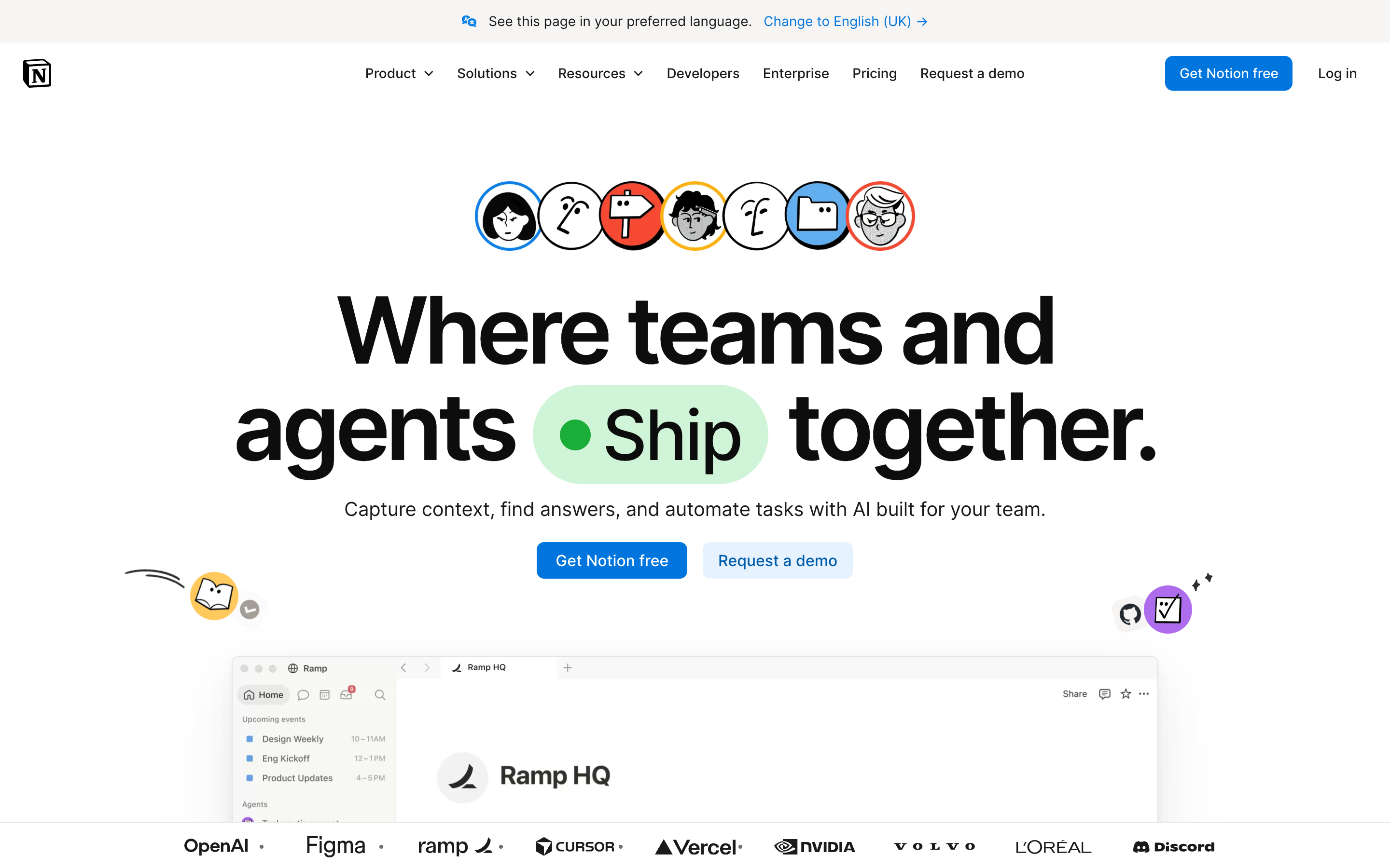 Notion homepage with the product headline and a free signup call to action