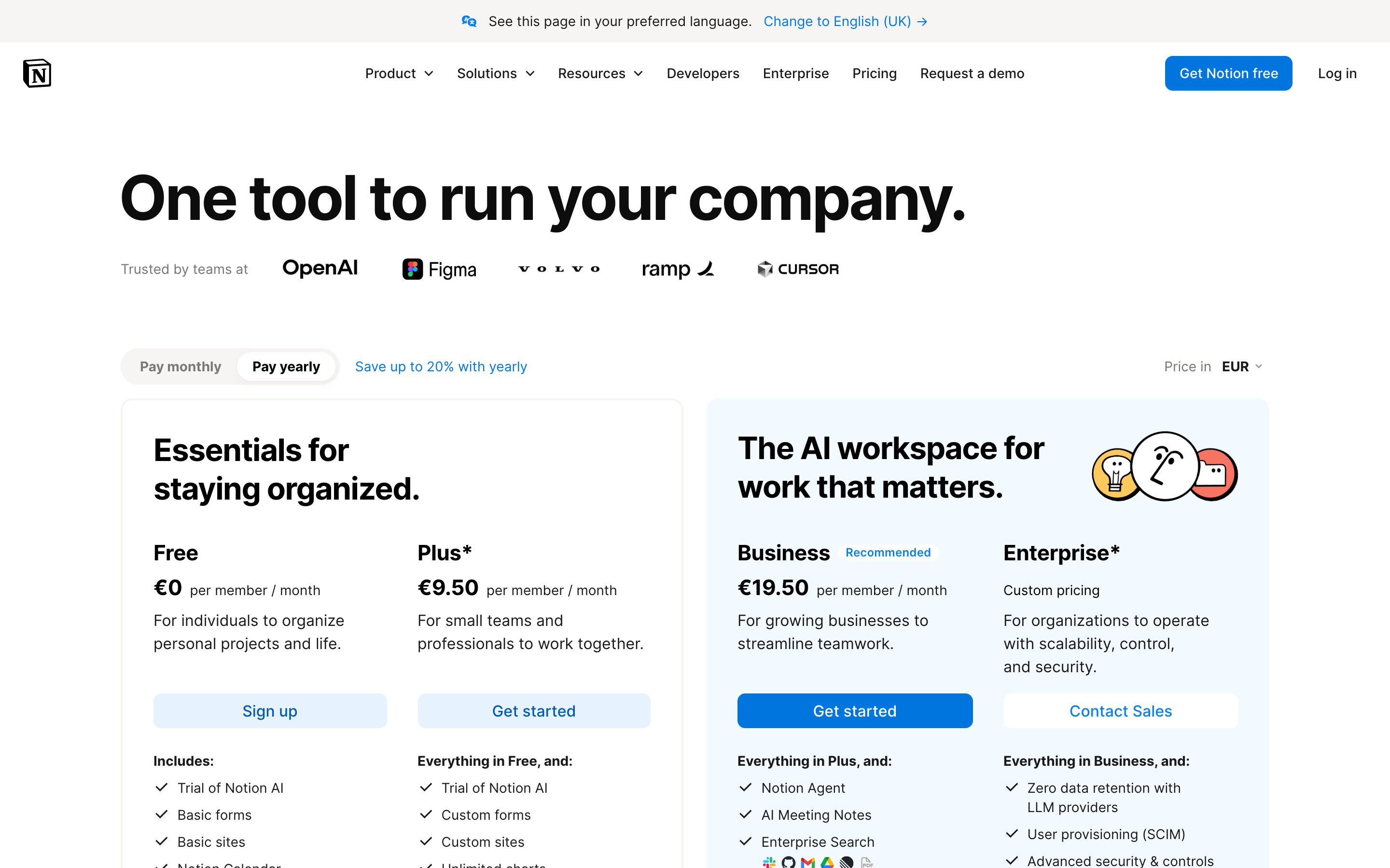 Notion pricing page showing the free plan positioned as the entry point into the product