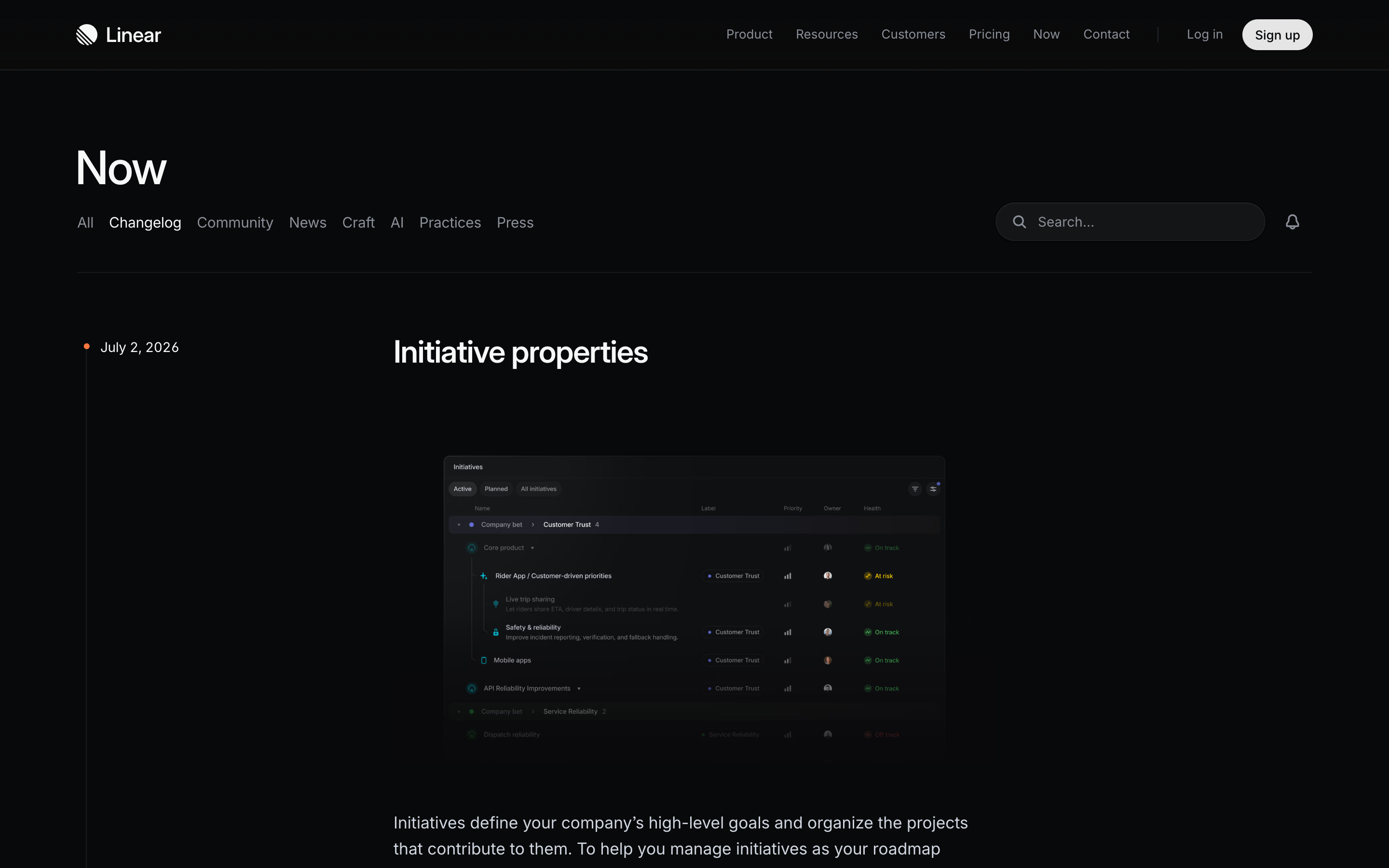 Linear's changelog page showing dated product updates with screenshots and structured Fixes and Improvements sections
