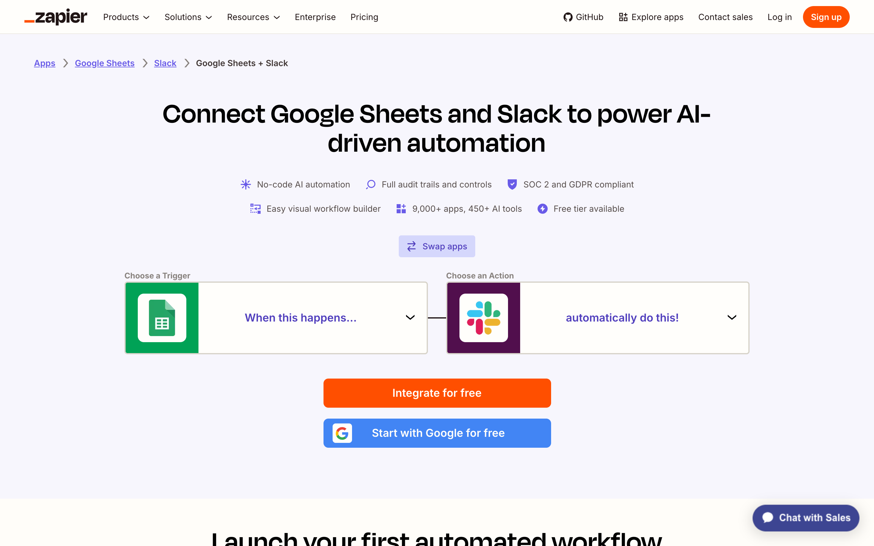 Zapier's Google Sheets and Slack integration page, with a Swap apps button between the trigger and action pickers