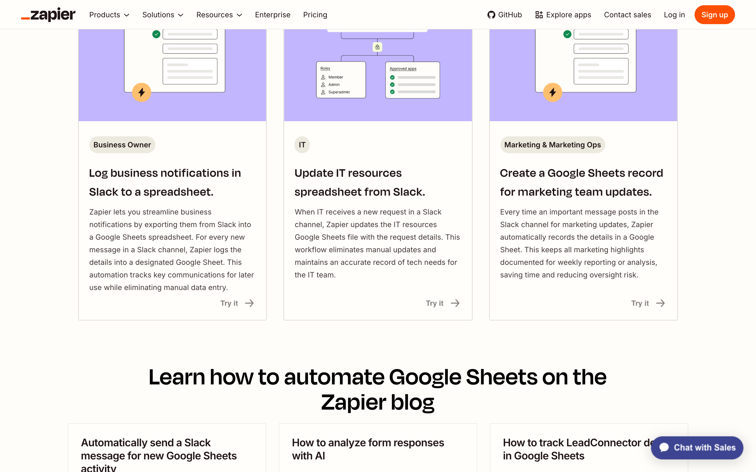 Three role-tagged cards on Zapier's page describing specific Google Sheets and Slack workflows, above a row of blog post links