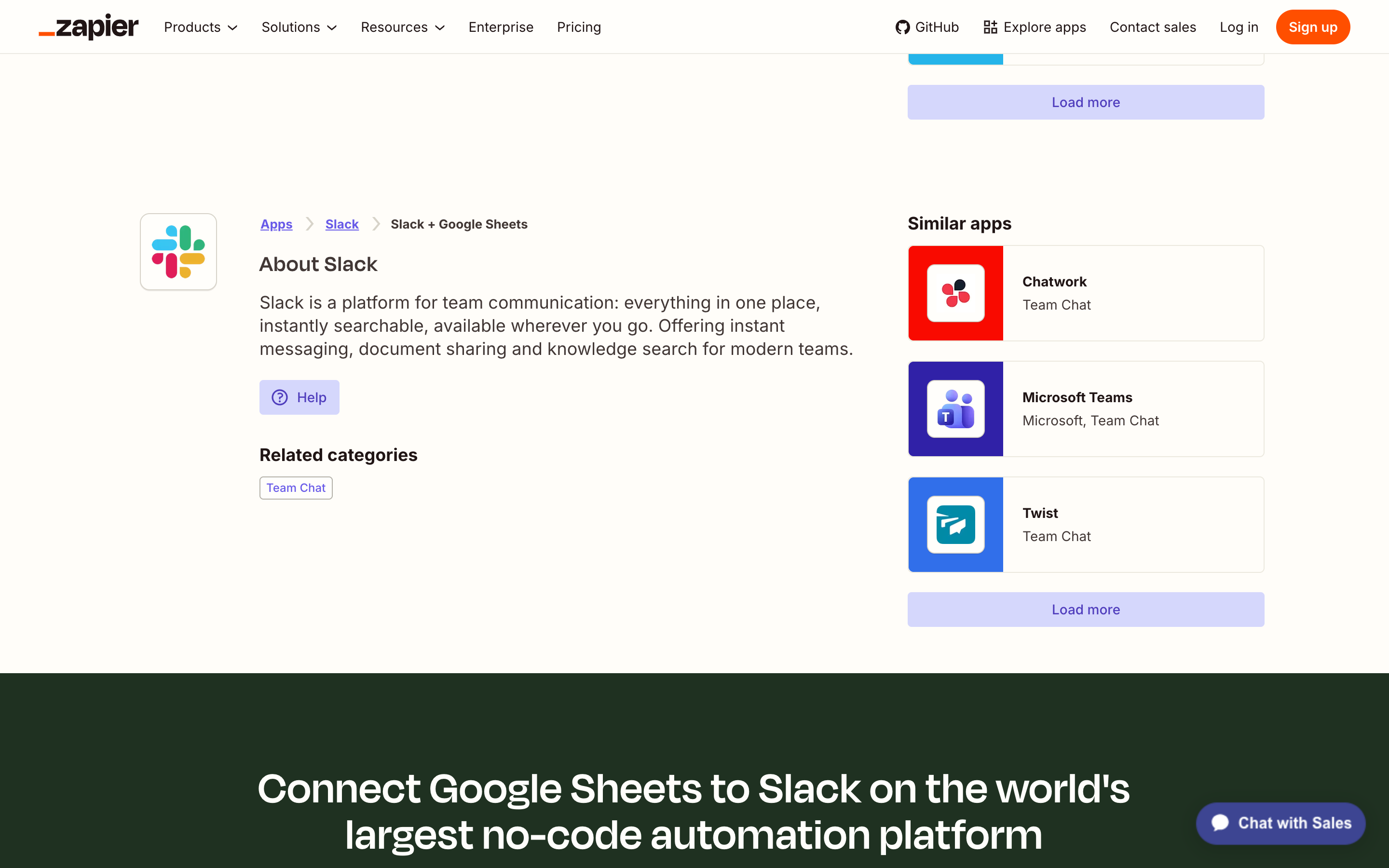 The Similar apps sidebar on Zapier's integration page, listing Chatwork, Microsoft Teams and Twist