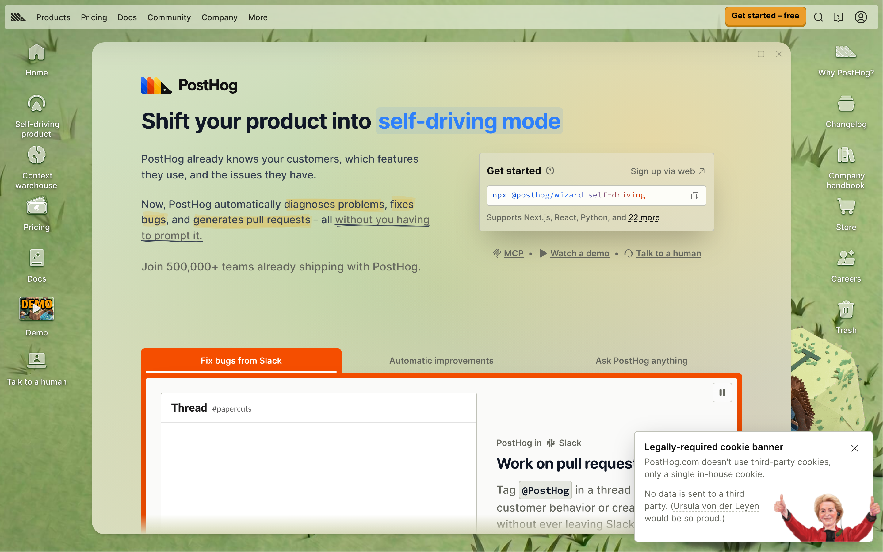 PostHog's homepage hero with the headline Shift your product into self-driving mode and a Get started free button
