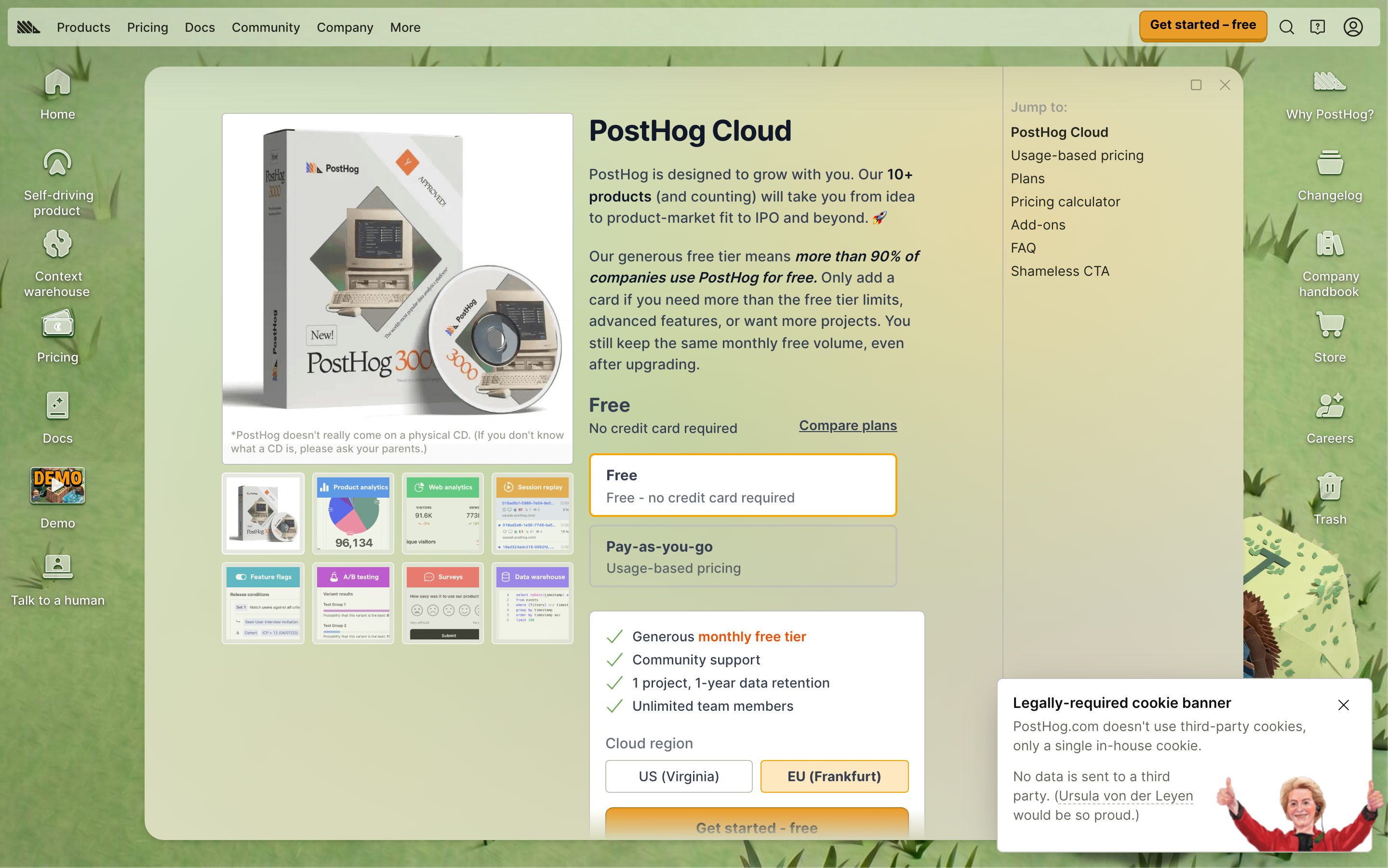 PostHog's pricing page showing a Free plan labelled no credit card required next to a Pay-as-you-go usage-based plan