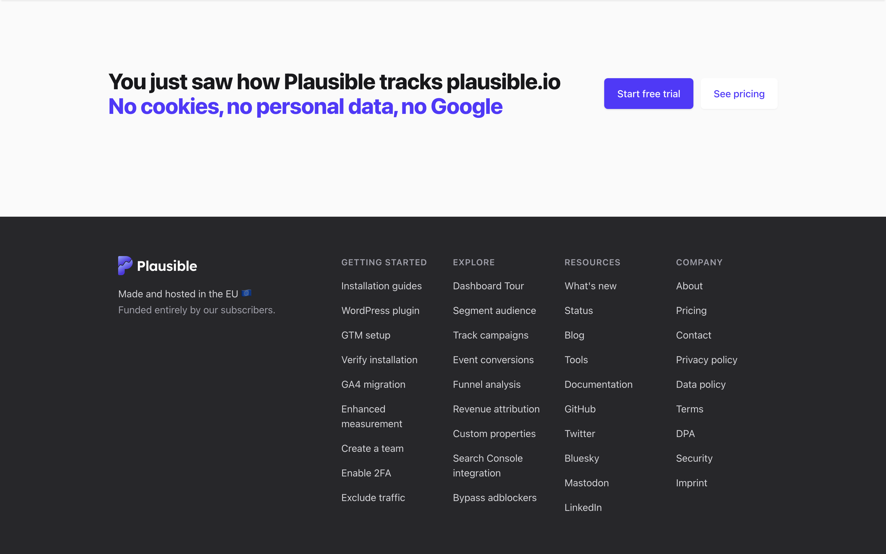 The line under Plausible's public dashboard reading 'You just saw how Plausible tracks plausible.io. No cookies, no personal data, no Google' with start free trial and see pricing buttons