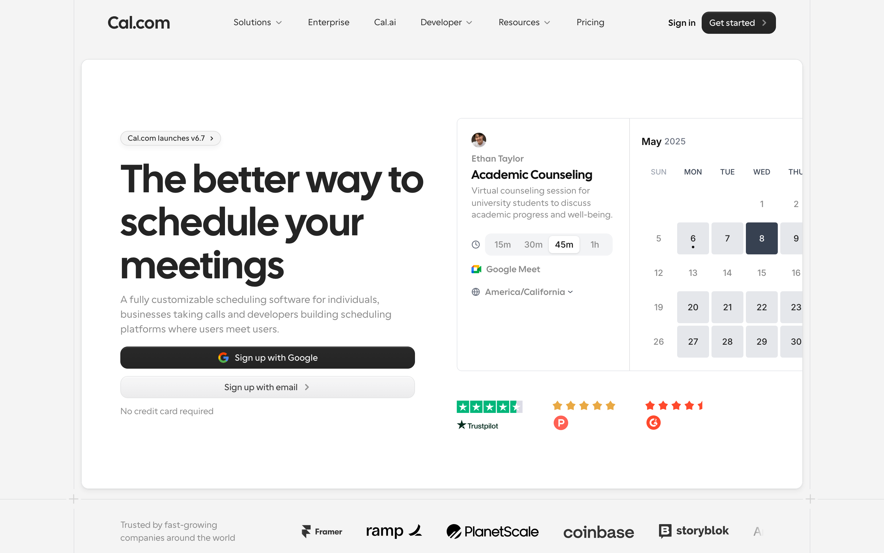 The Cal.com homepage with the headline The better way to schedule your meetings and sign up buttons for Google and email.
