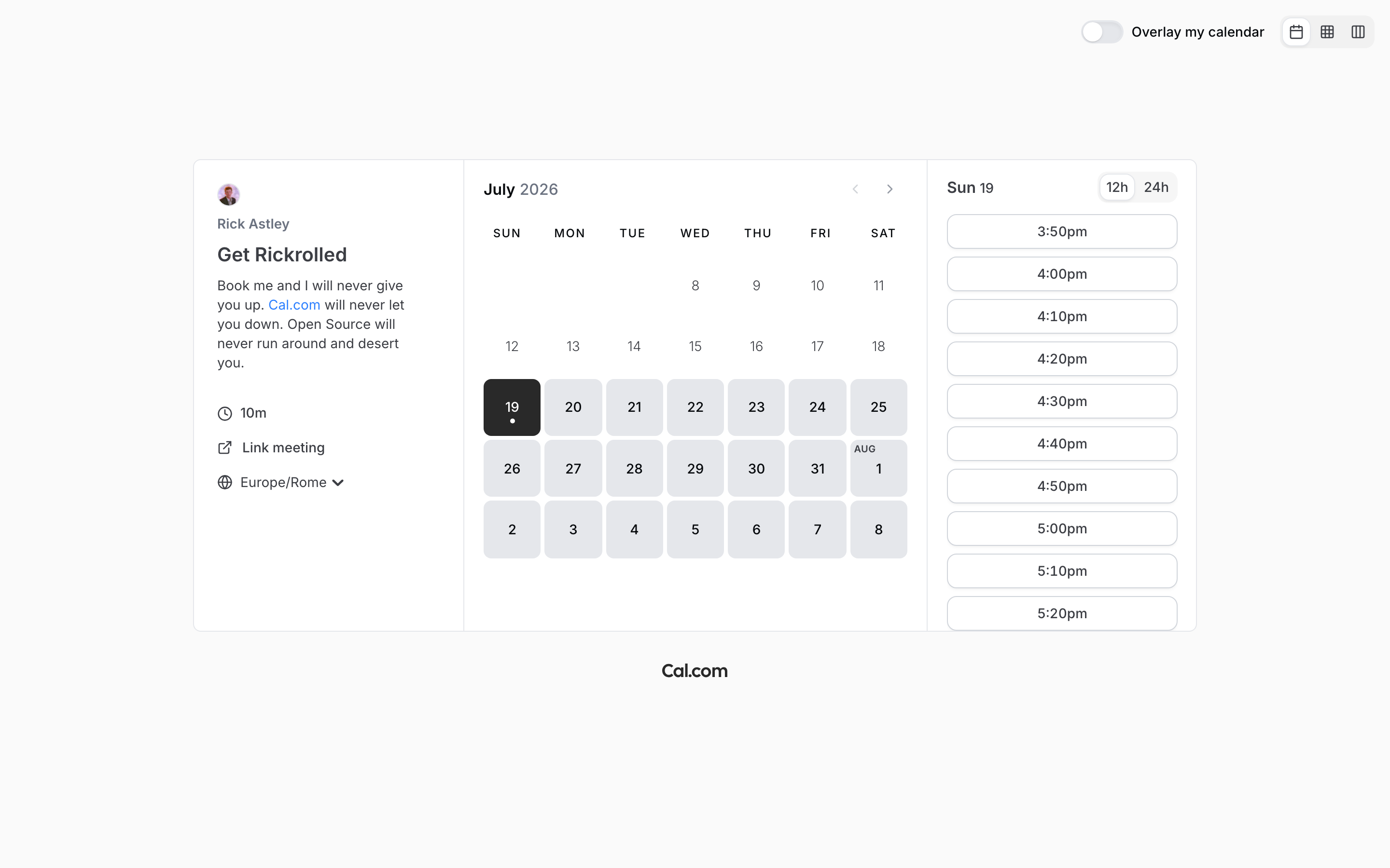 A public Cal.com booking page showing a profile, an event description, a July calendar, available times, and the Cal.com wordmark centered below the booker.
