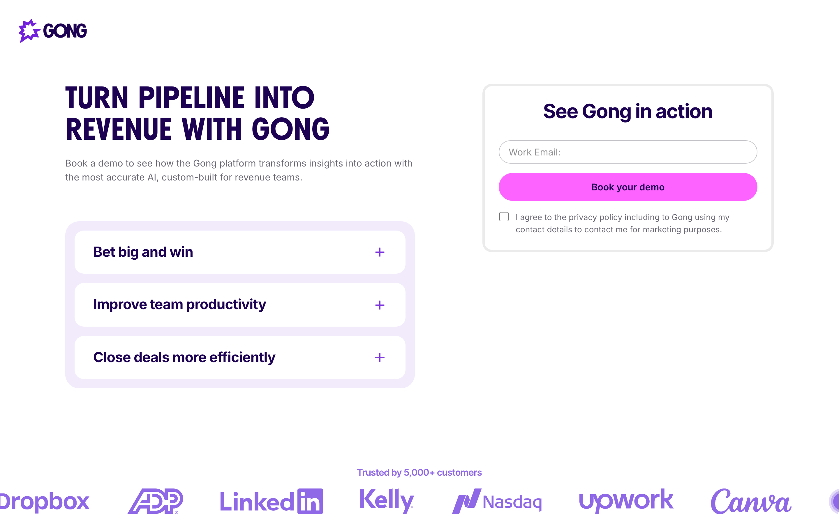 Gong demo page with a single work email field, a Book your demo button, a consent checkbox and a customer logo row