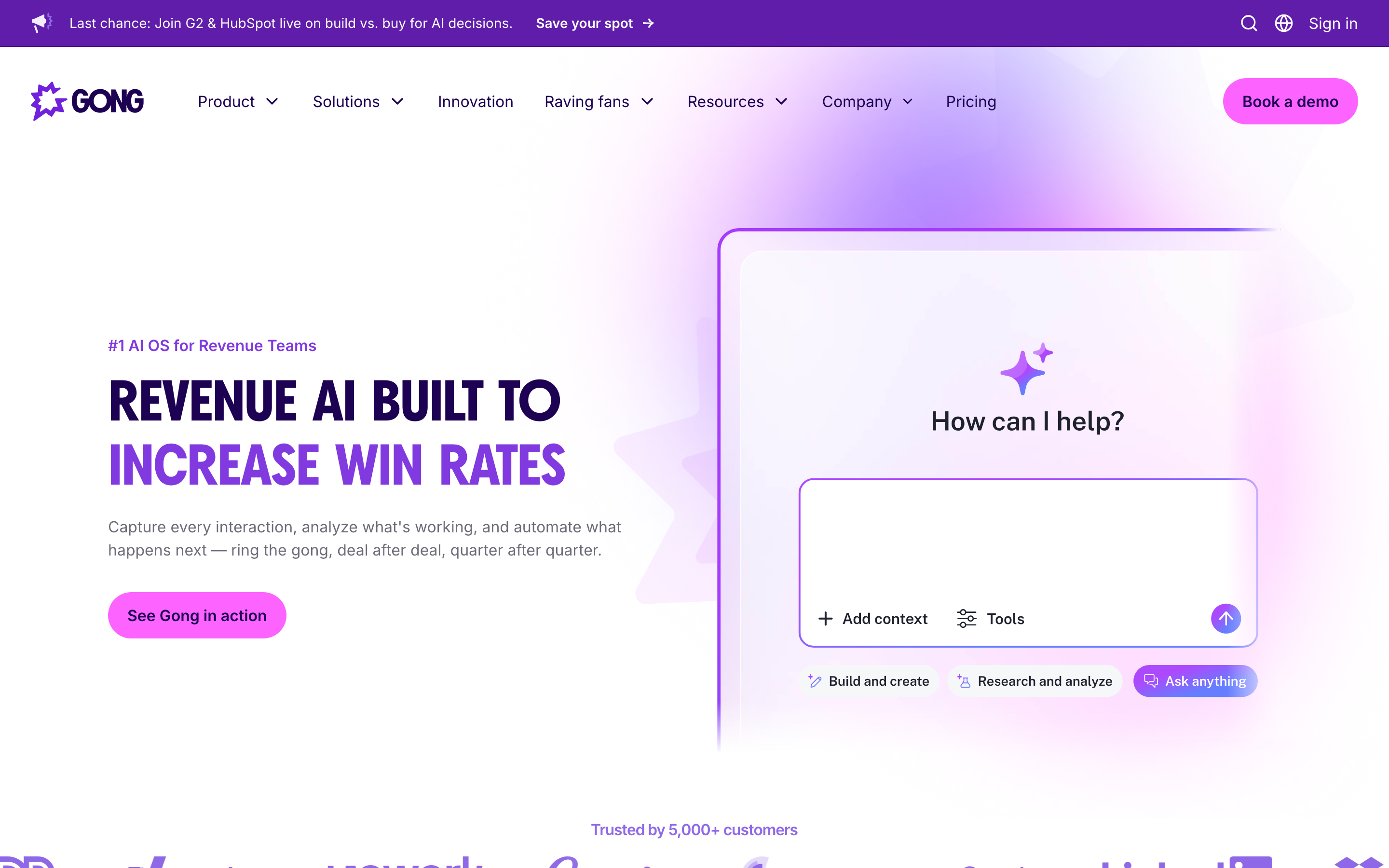 Gong homepage hero reading Revenue AI built to increase win rates, with Pricing in the top navigation and a Book a demo button
