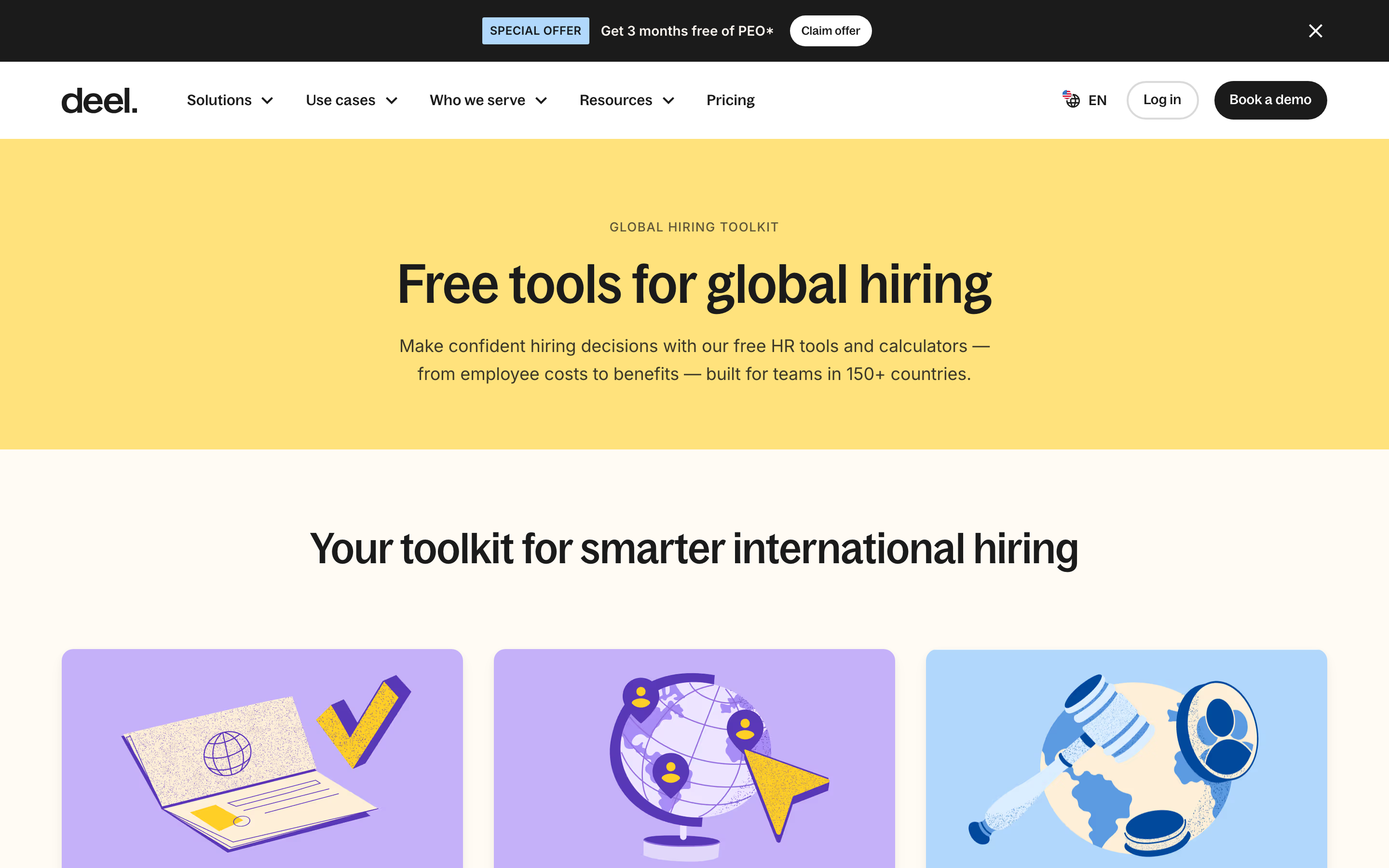 Deel's Global Hiring Toolkit page, headlined Free tools for global hiring, with a grid of calculator cards