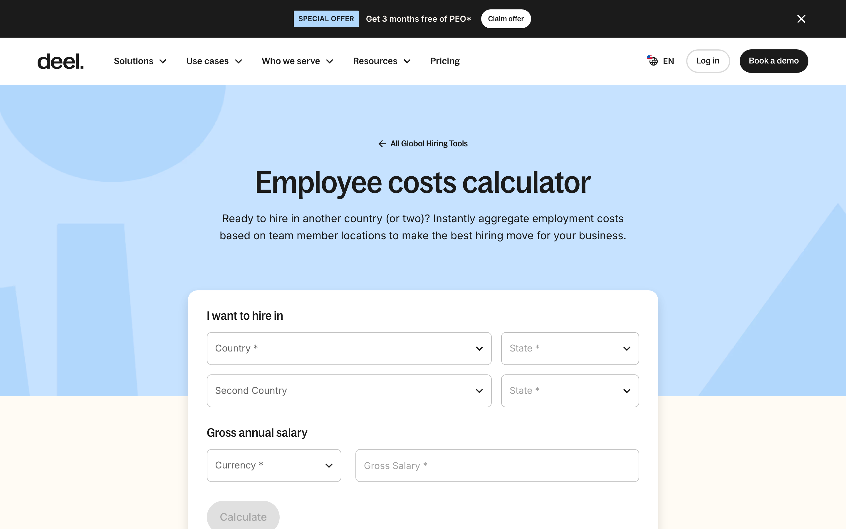 Deel's Employee costs calculator, showing fields for country, state, second country, currency and gross annual salary