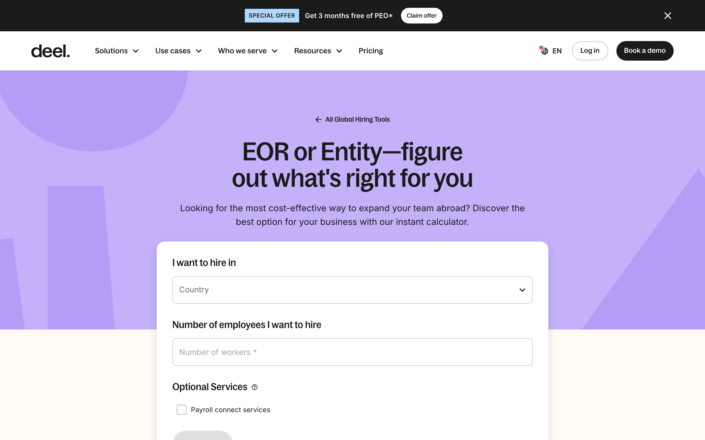 Deel's EOR or Entity calculator page with the headline EOR or Entity, figure out what's right for you