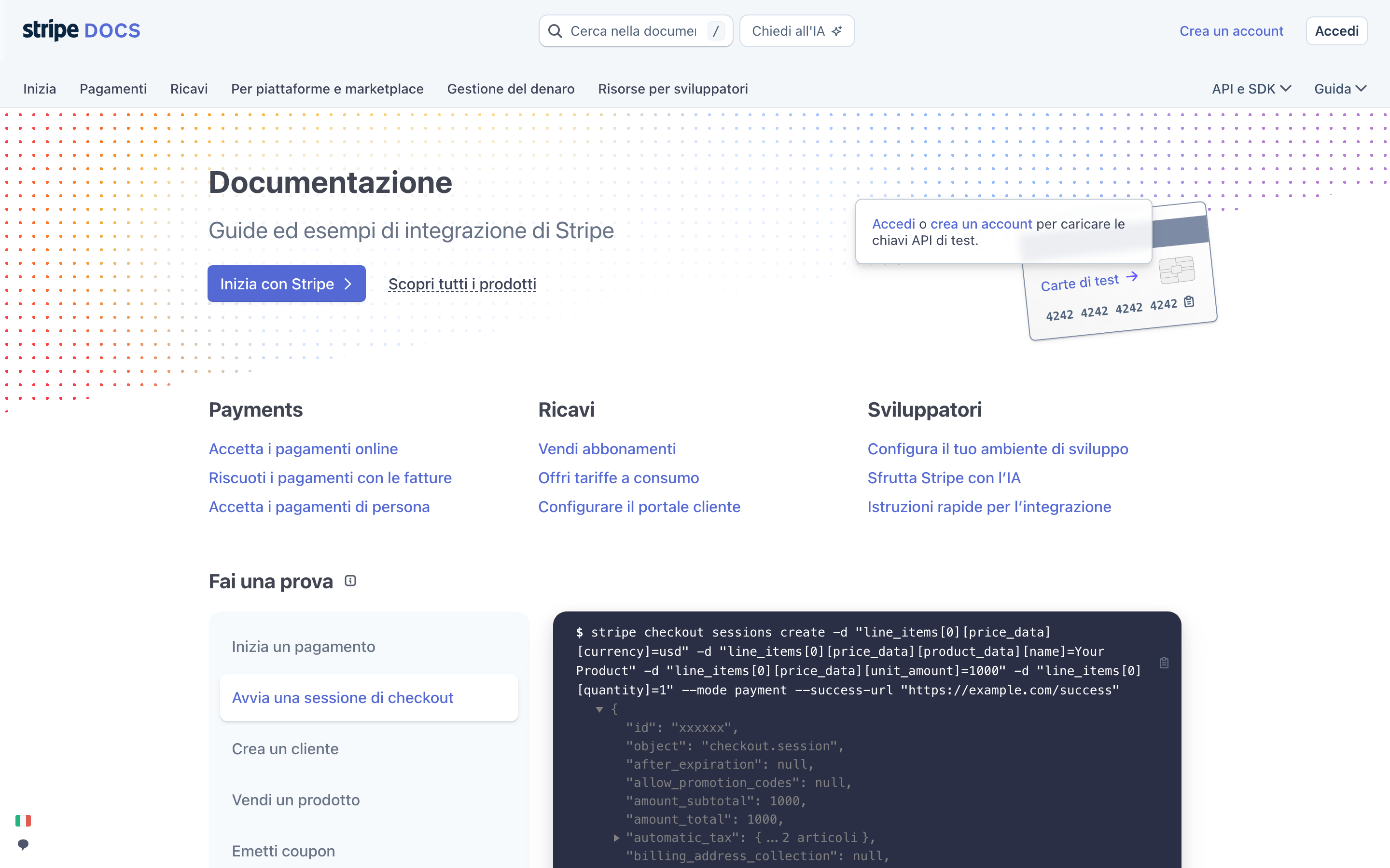 Stripe documentation home, organized into product areas and use-case entry points