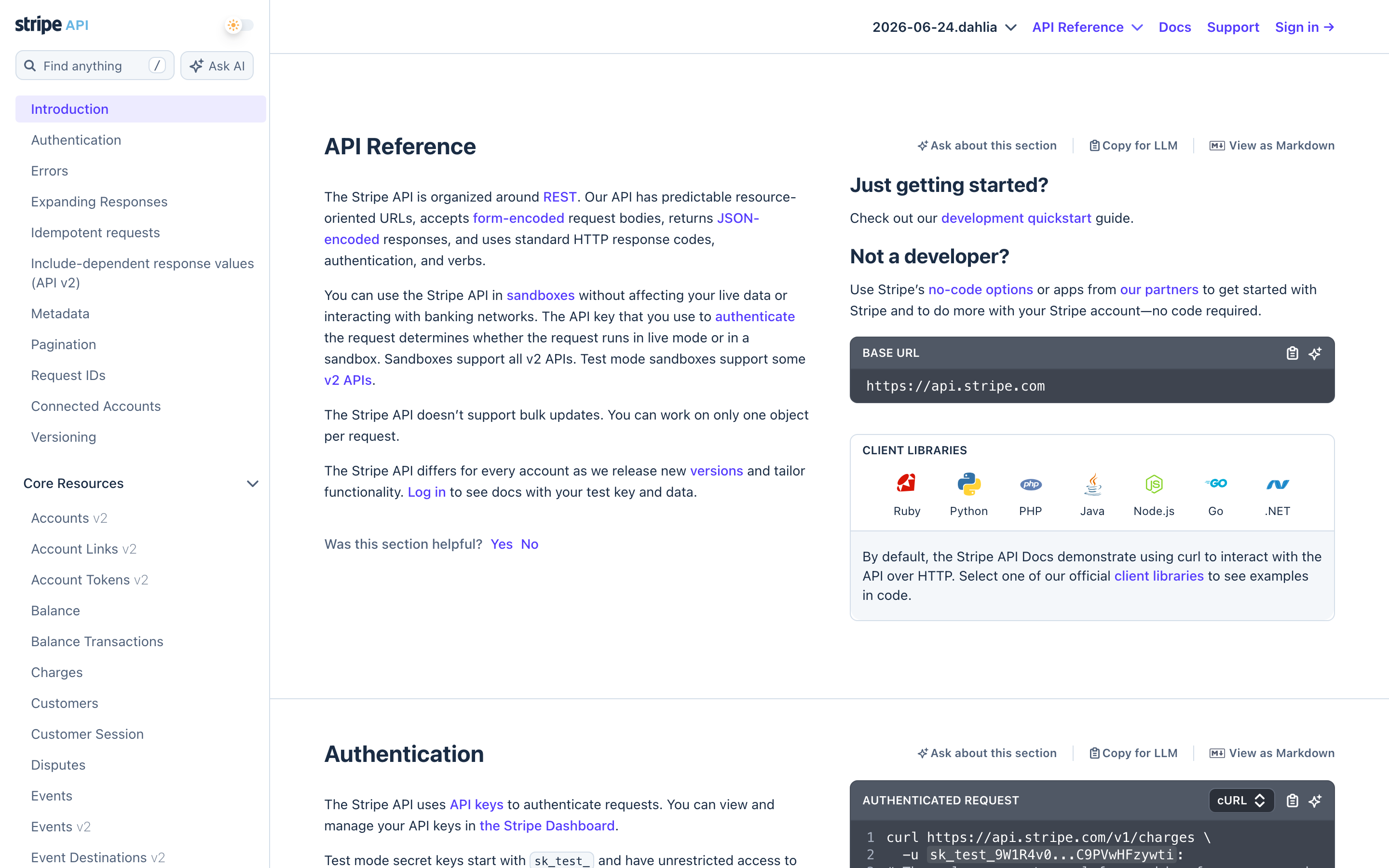 Stripe API reference showing a single endpoint at its own URL, with navigation, prose, and runnable code side by side