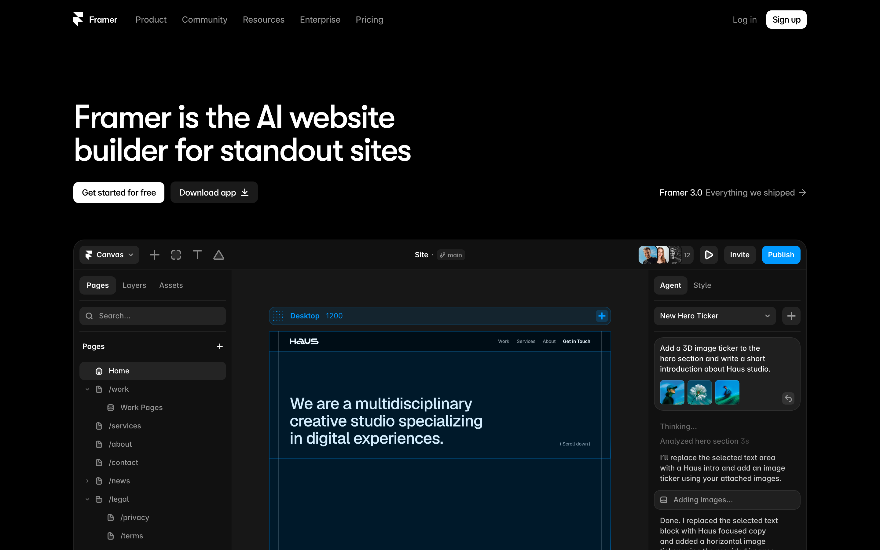 Framer's homepage, headlined as an AI website builder with a Get started for free button.