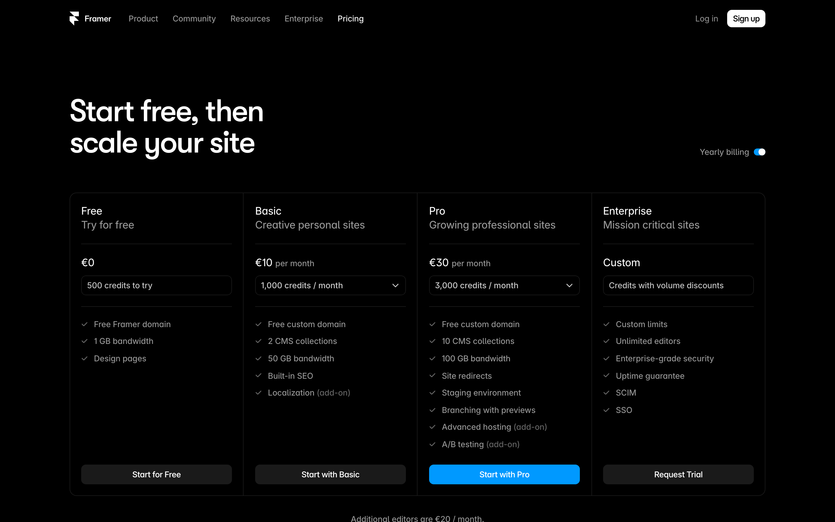 Framer's pricing page showing Free, Basic at $10 a month, Pro at $30, and Enterprise tiers.