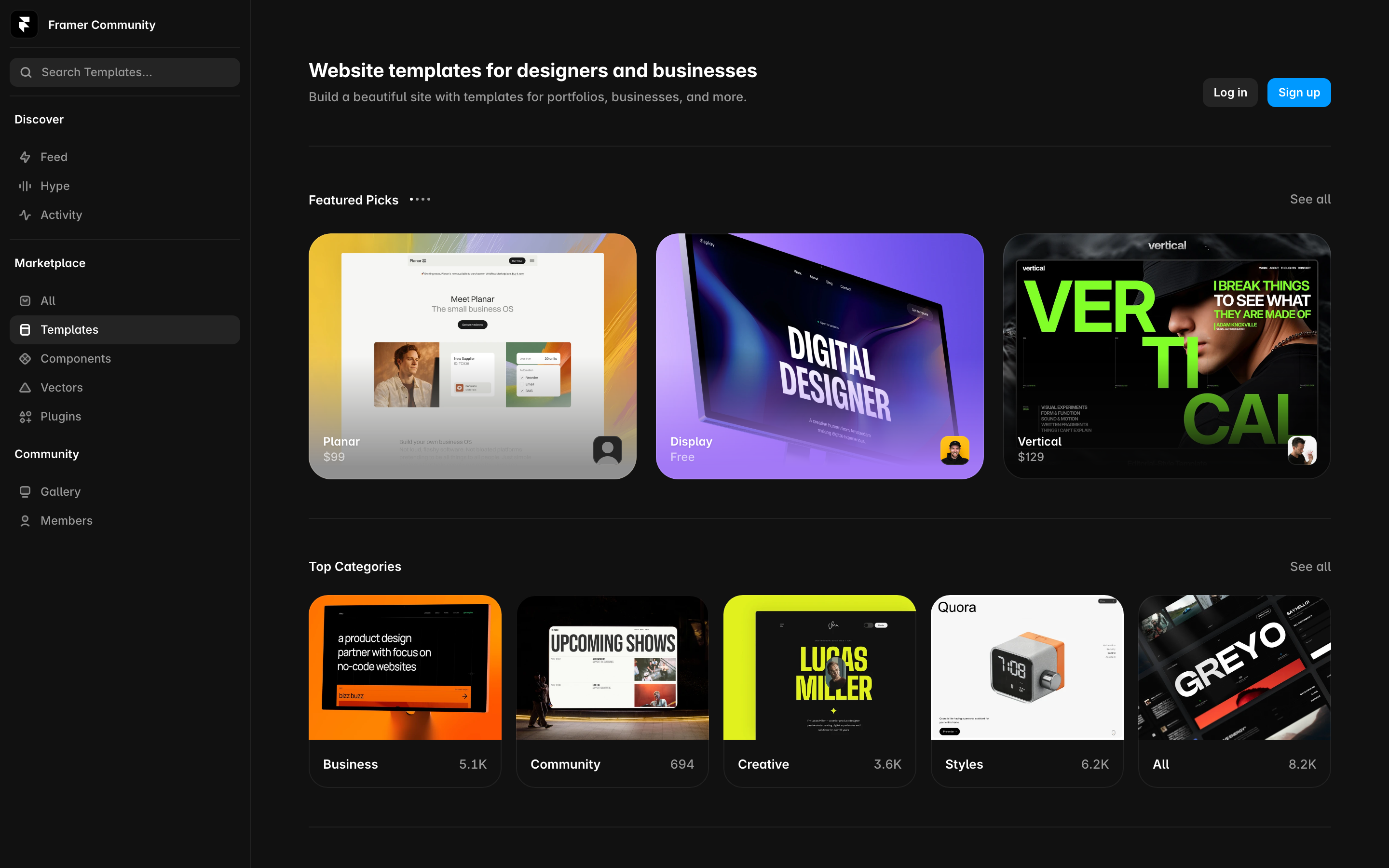 Framer's community marketplace listing thousands of templates built by independent creators.