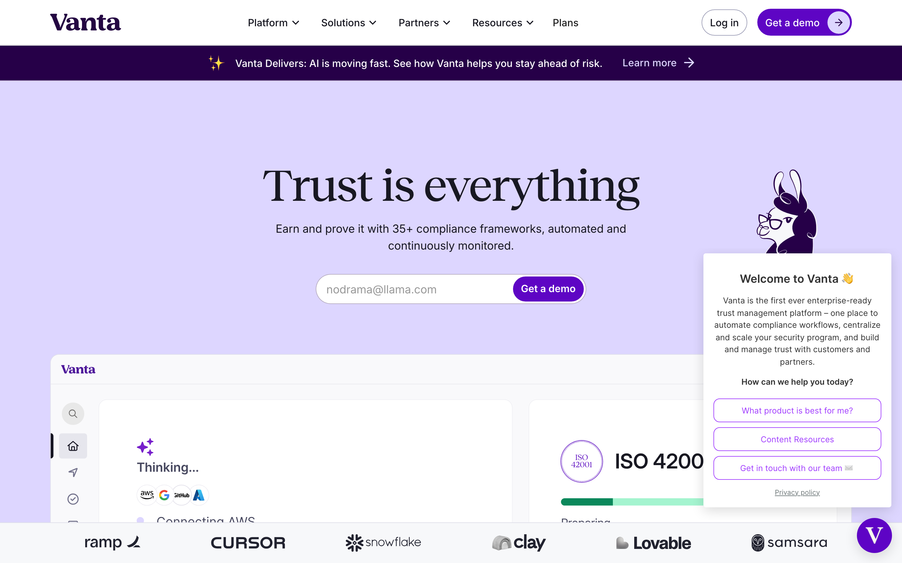 Vanta homepage hero reading Trust is everything, with an email field, a Get a demo button, and customer logos