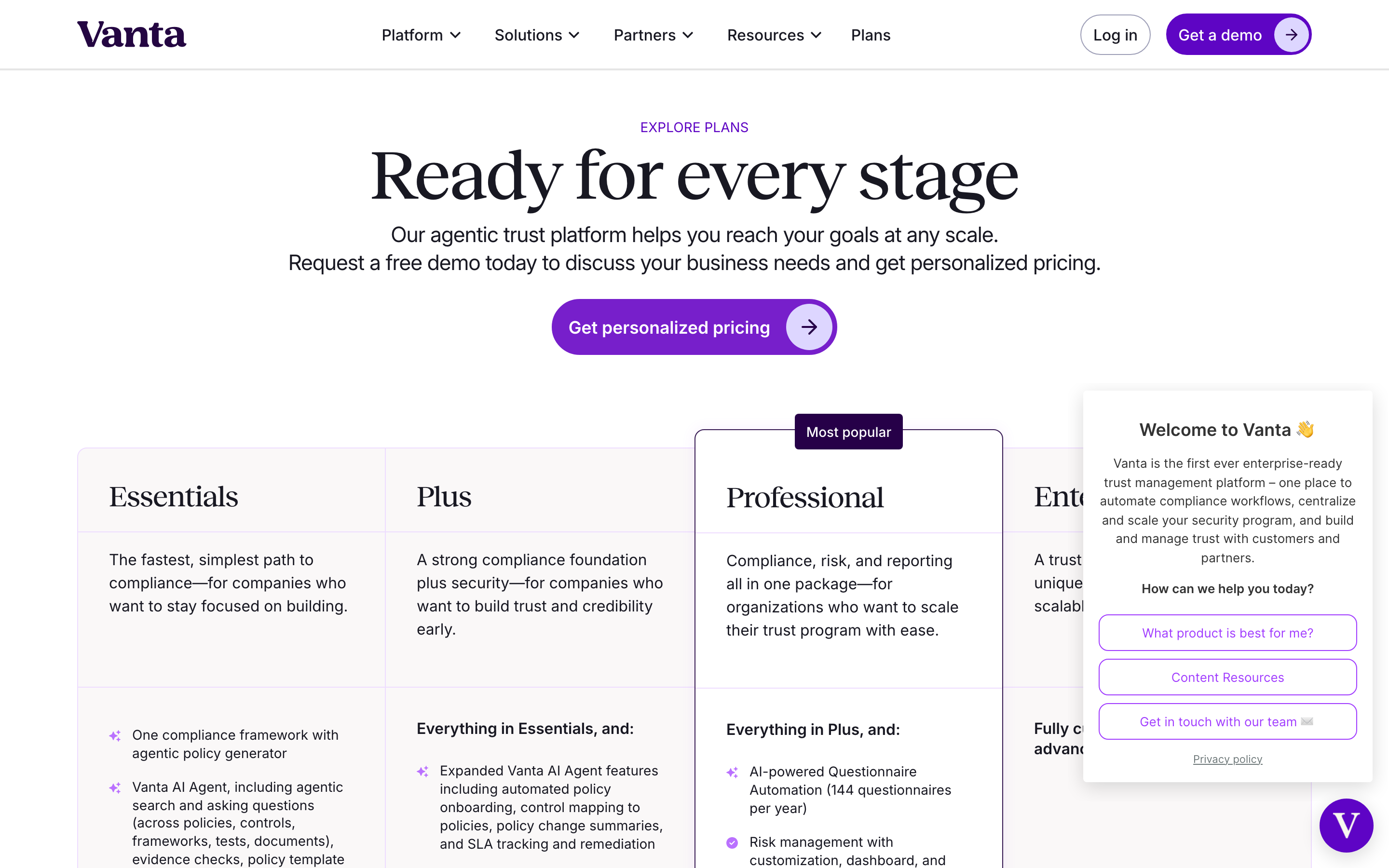 Vanta pricing page with four plan tiers and a Get personalized pricing button and no dollar amounts