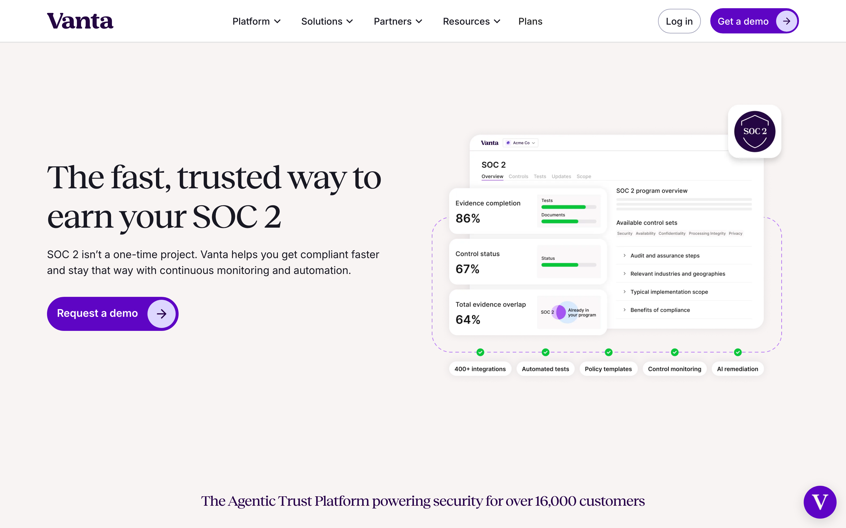 Vanta SOC 2 landing page headlined The fast, trusted way to earn your SOC 2, next to a product screenshot
