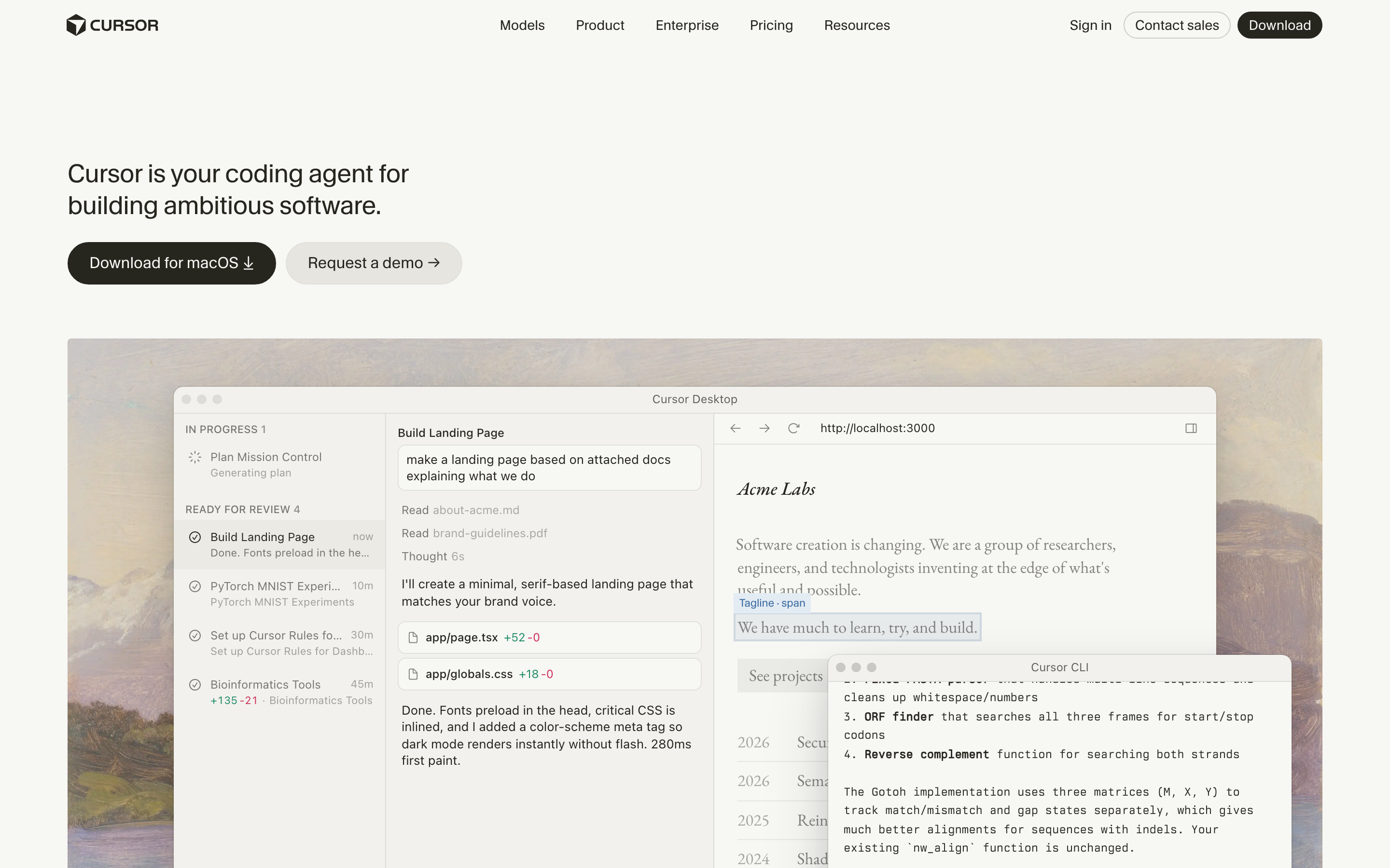 Cursor homepage hero: the headline 'Cursor is your coding agent for building ambitious software' above a Download for macOS button and a product screenshot.