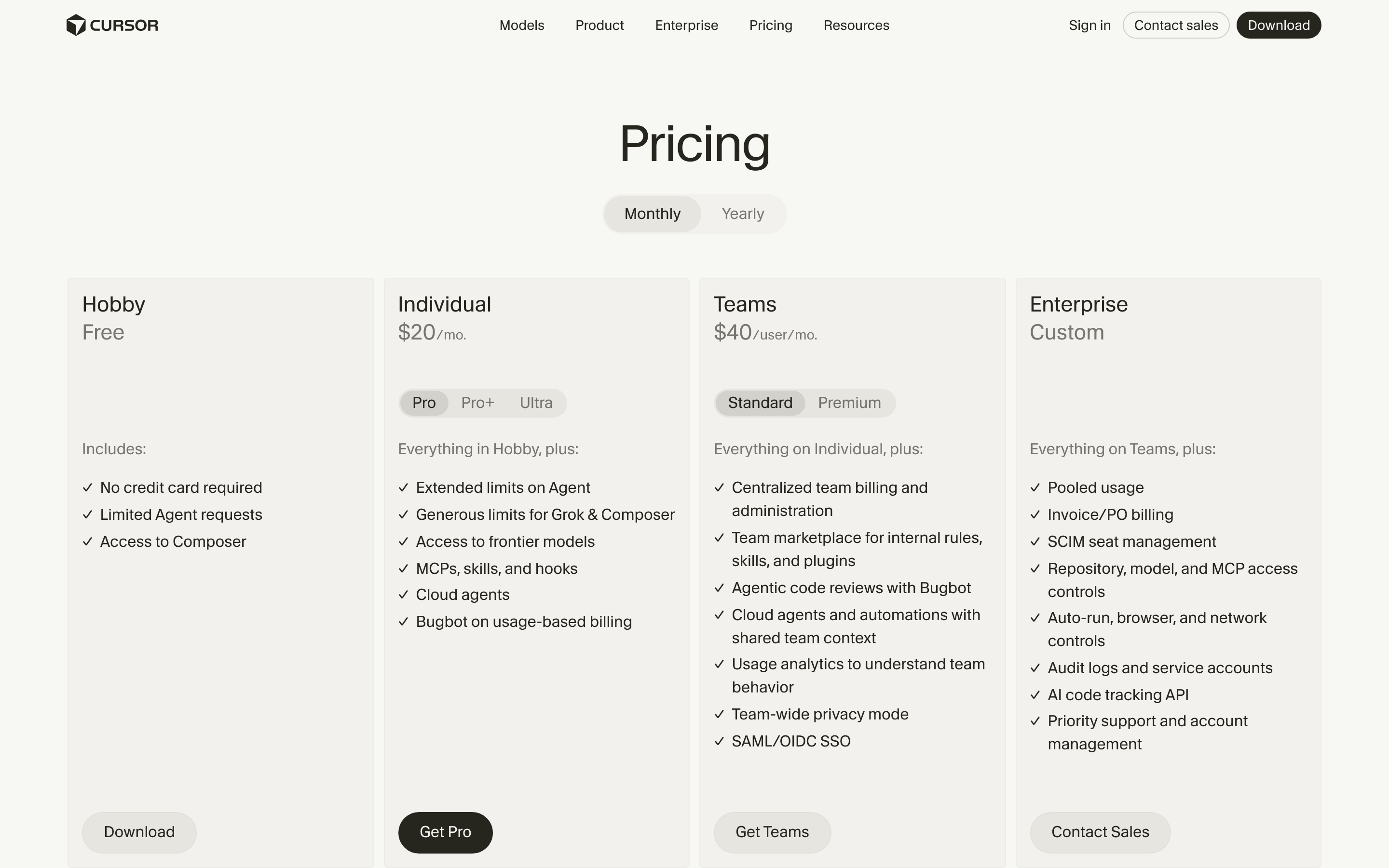 Cursor pricing page: Hobby free, Individual $20 a month, Teams $40 per user, Enterprise custom, each tier building on the last.
