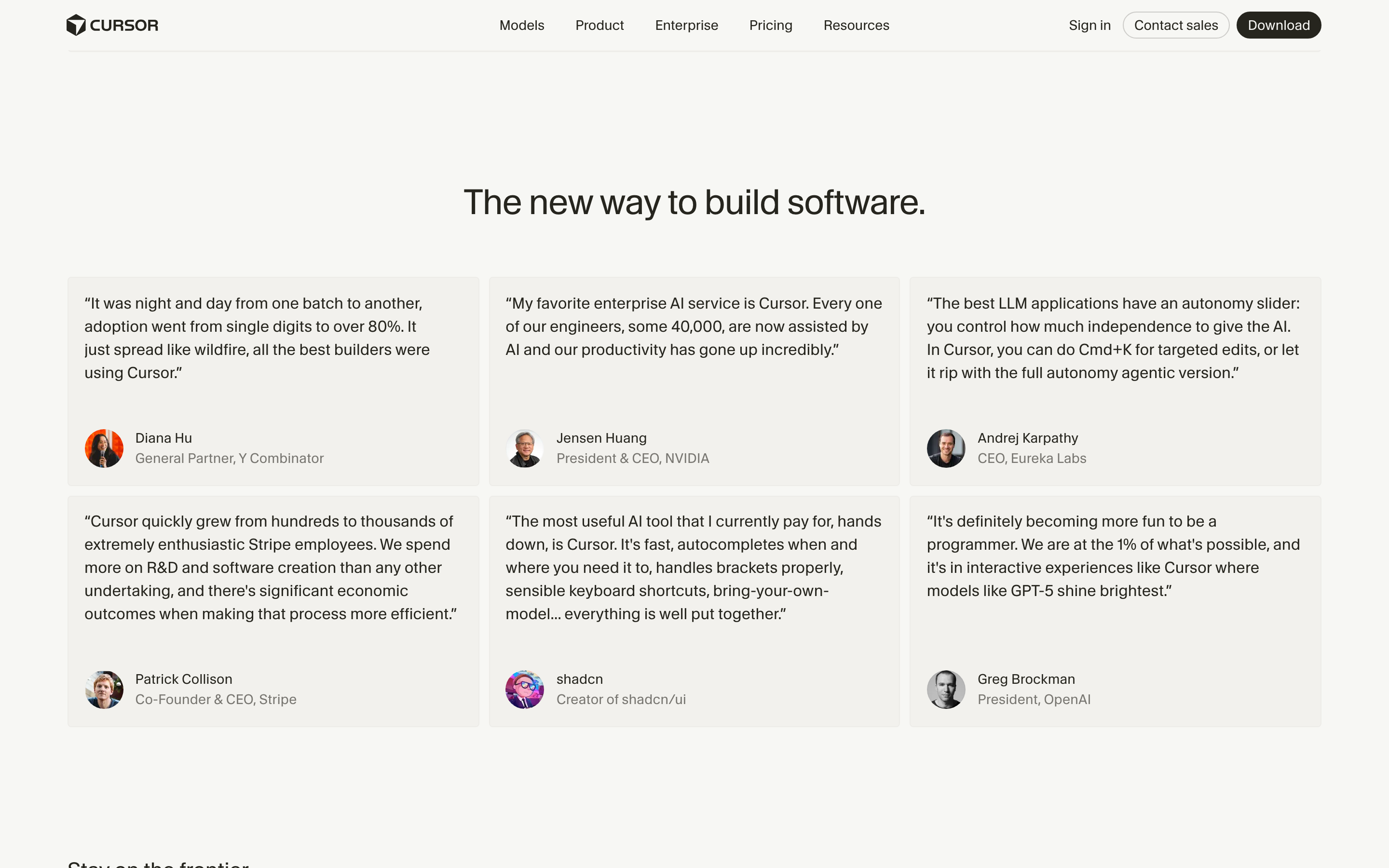 Cursor testimonial wall: named quotes from Patrick Collison of Stripe, Jensen Huang of NVIDIA, Andrej Karpathy, Diana Hu of Y Combinator, shadcn, and Greg Brockman of OpenAI.