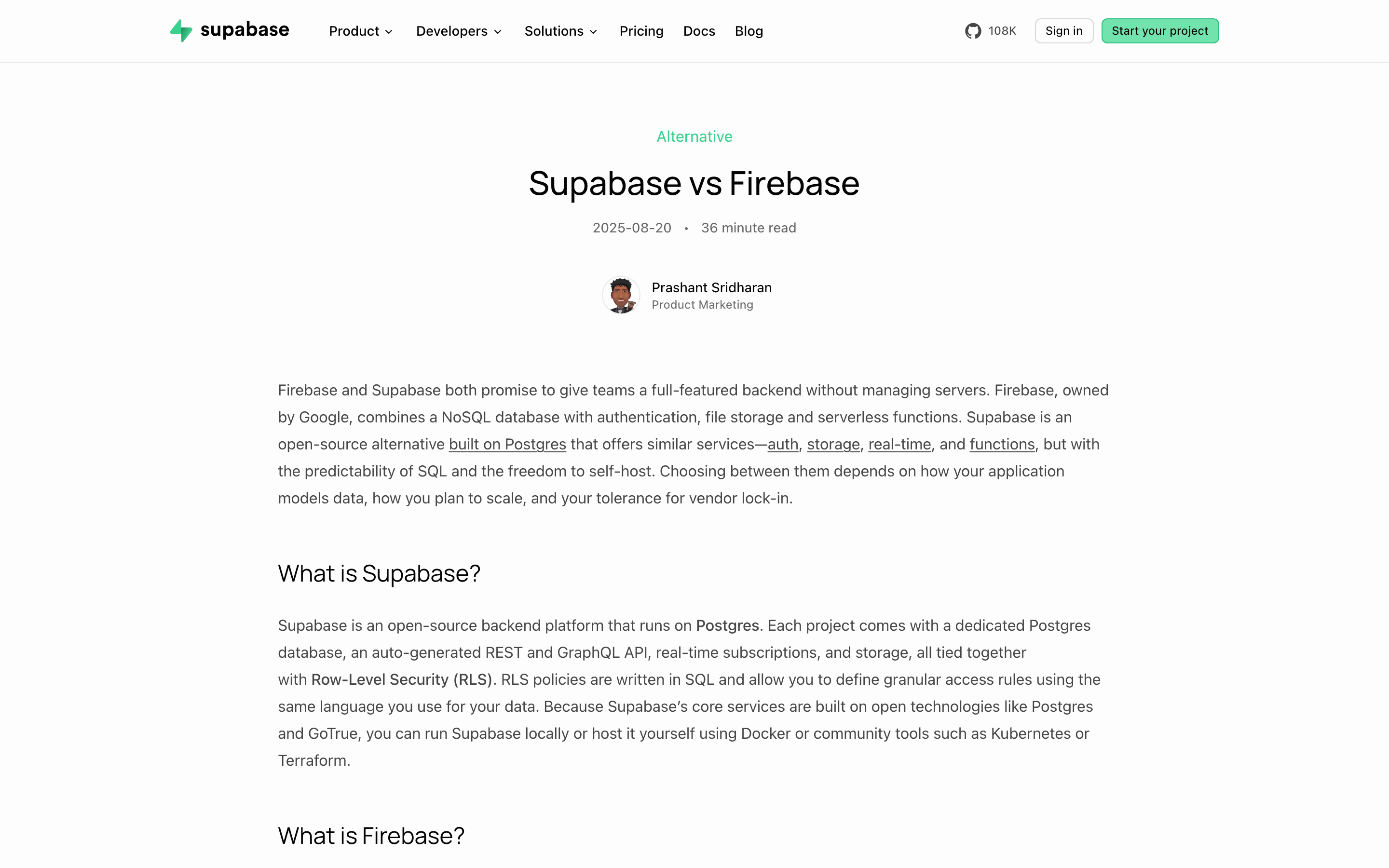 Supabase vs Firebase comparison page with an 'Alternative' tag, a plain headline, an author byline, and an answer-first intro paragraph.