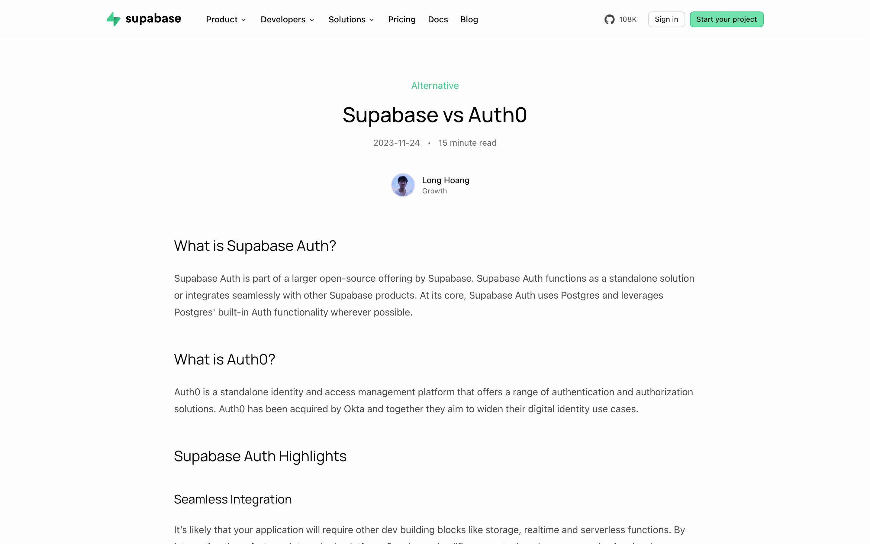 Supabase vs Auth0 page using the same template, with the 'Alternative' tag, a byline, and 'What is Supabase Auth?' and 'What is Auth0?' sections.
