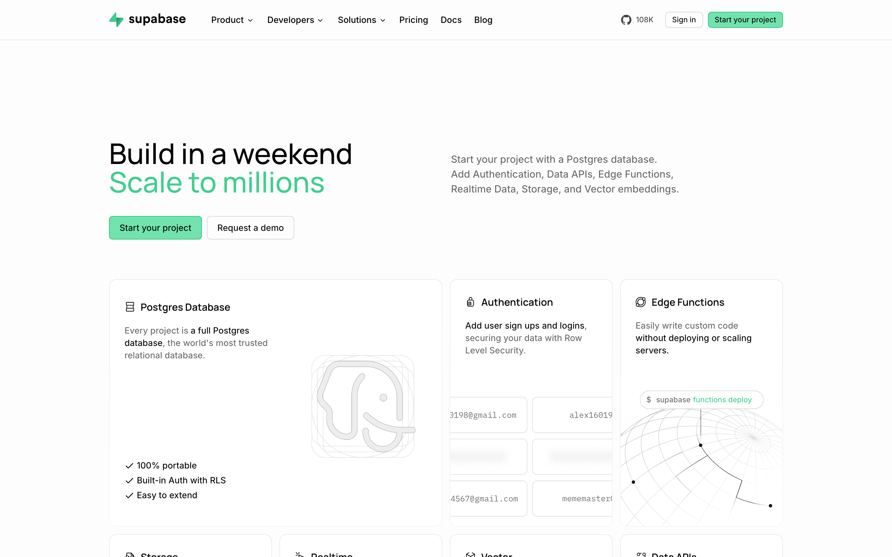 Supabase homepage with a 'Build in a weekend, Scale to millions' headline, a 'Start your project' button, and product feature cards.