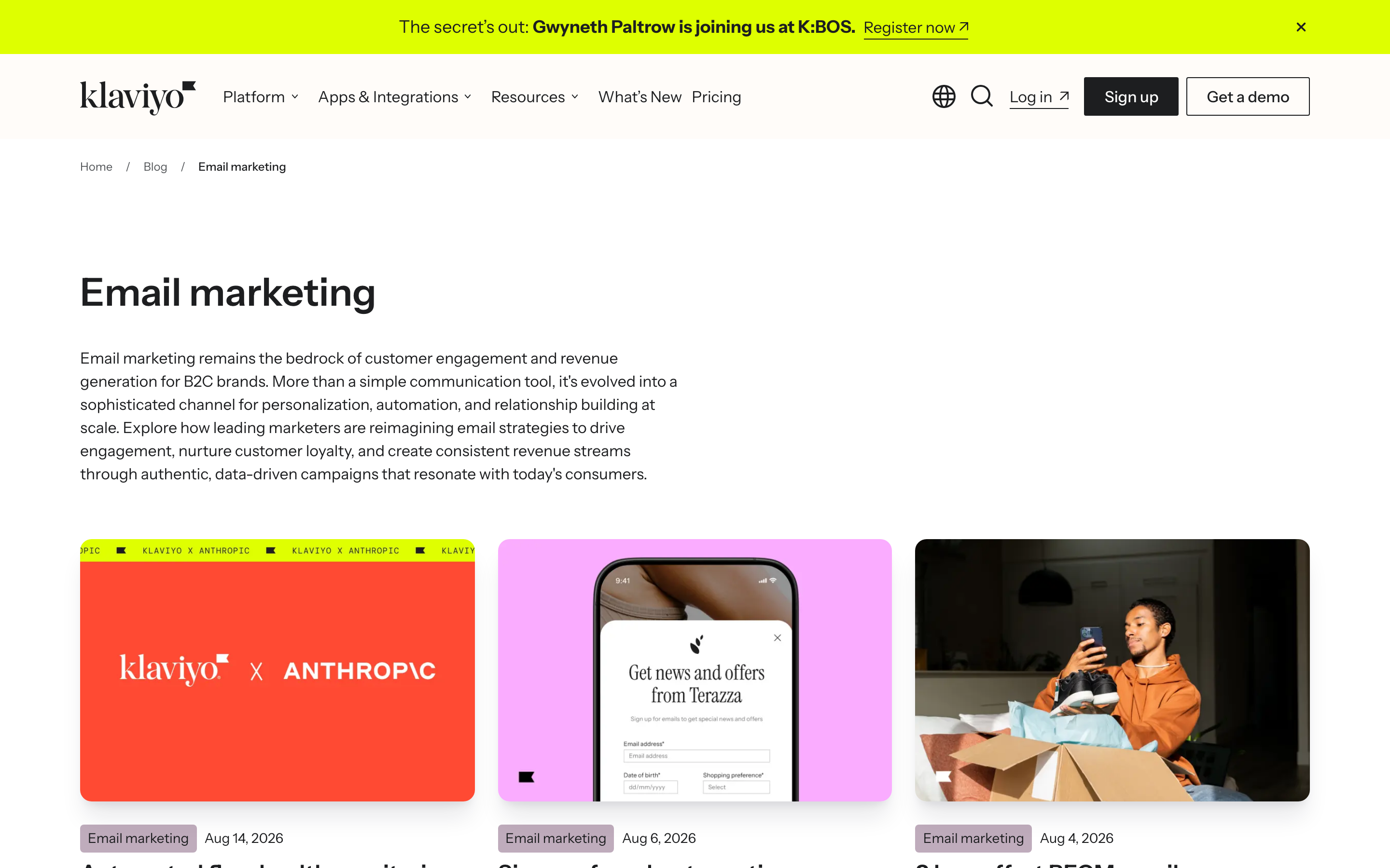 Klaviyo's email marketing blog category page, with a flat URL and no cluster nav